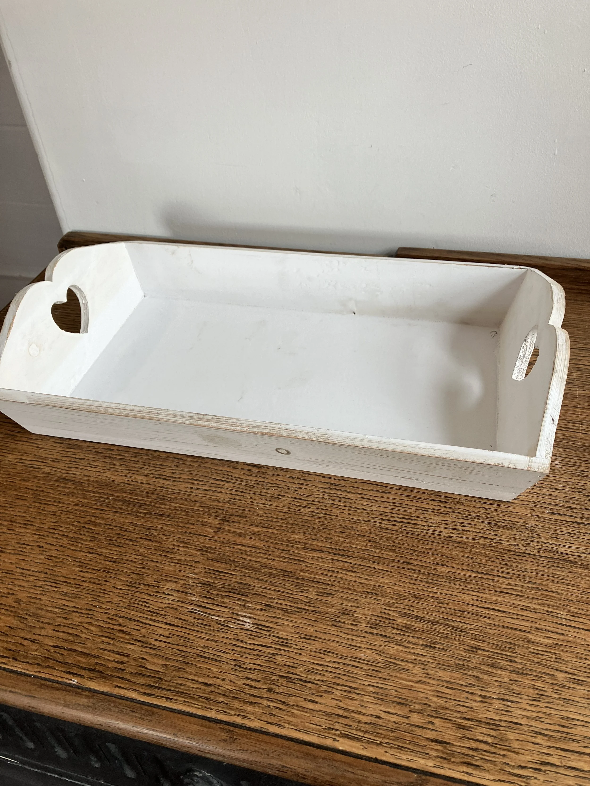 Small Single White Wooden Distressed Tray with Heart Handles