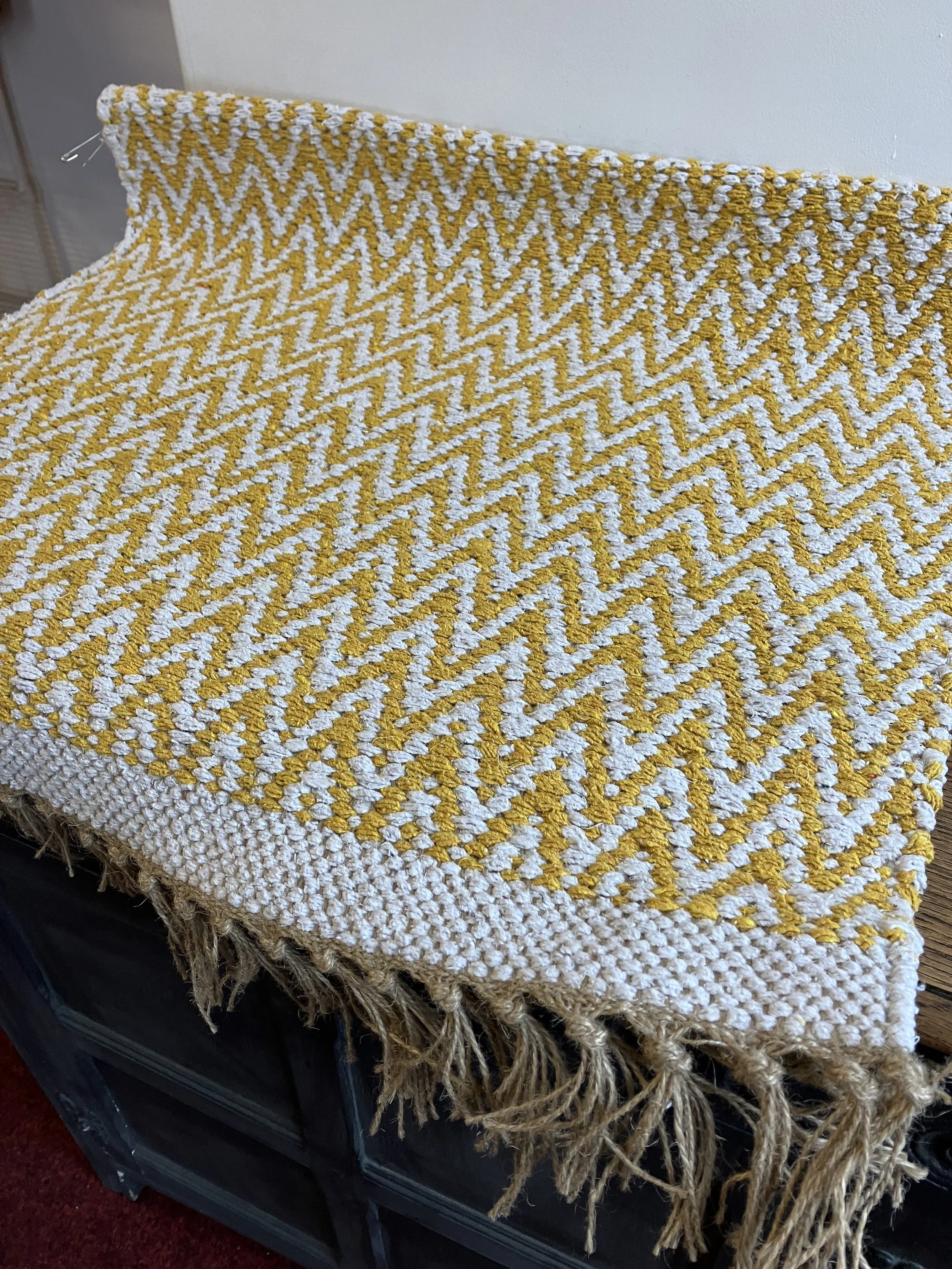Mustard Yellow and White Zig Zag Patterned Cotton and Jute Rectangle Rug