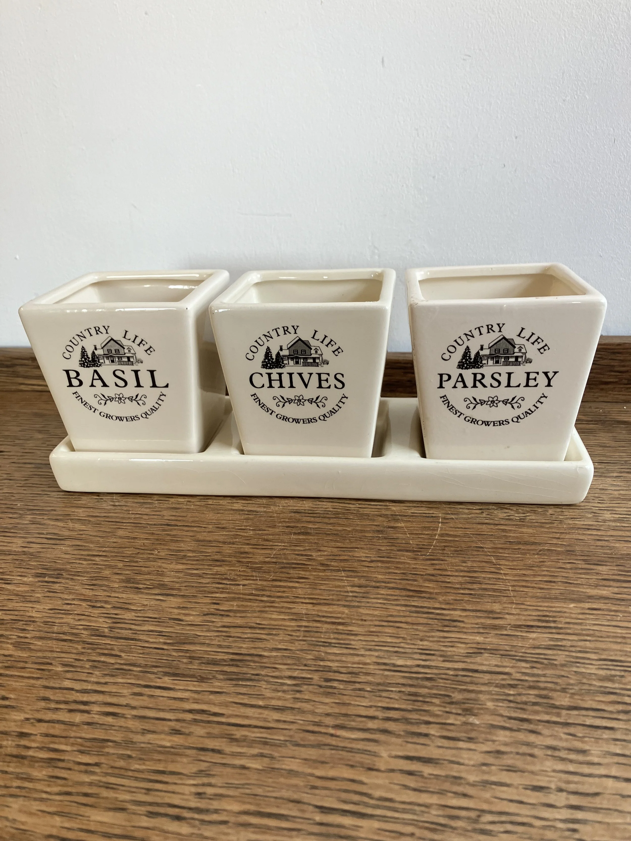 Set of Three Country Life Ceramic Herb Planters on Tray