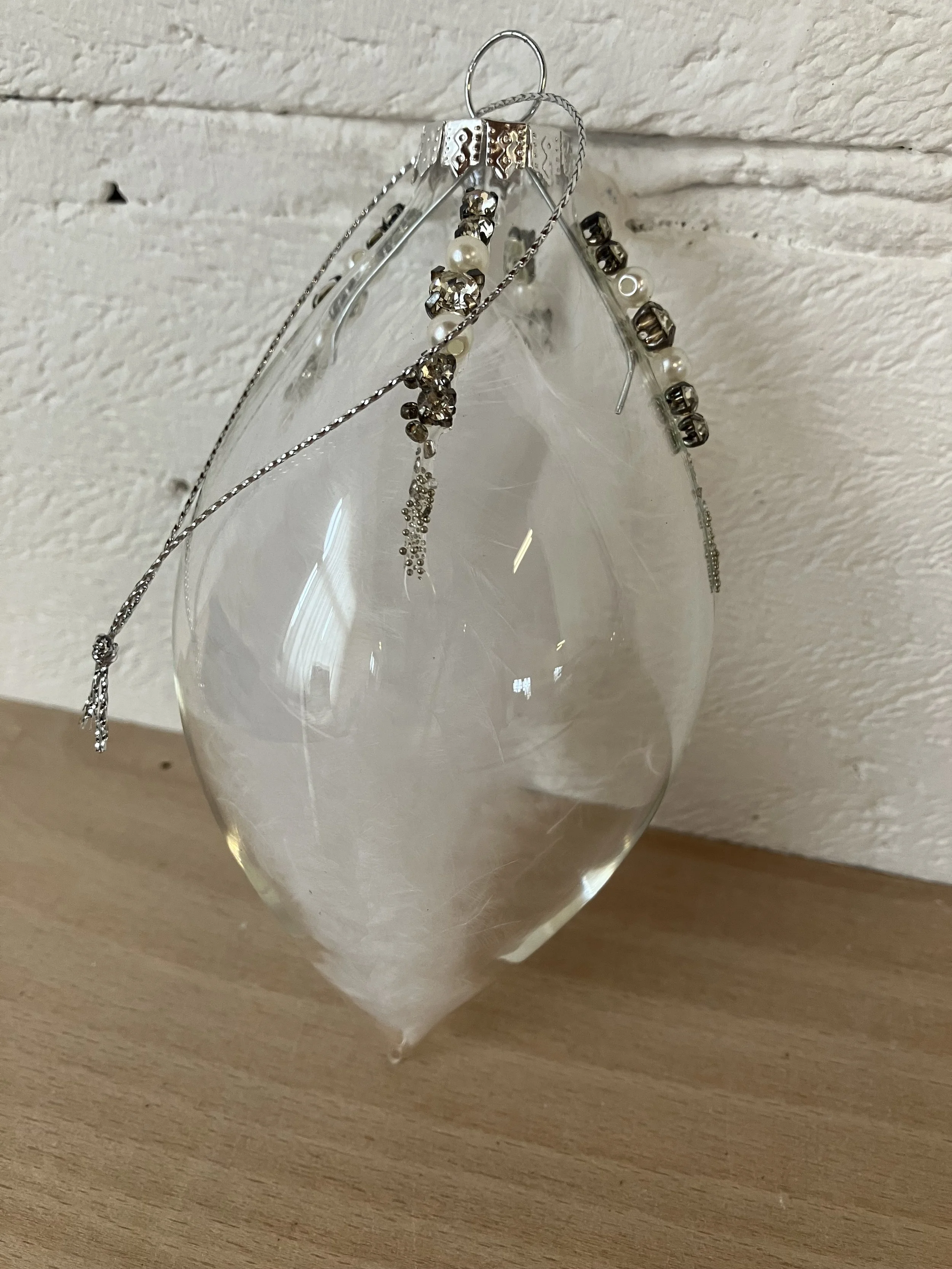 Clear Teardrop Shaped Bauble with Feather and Beads by Coach House