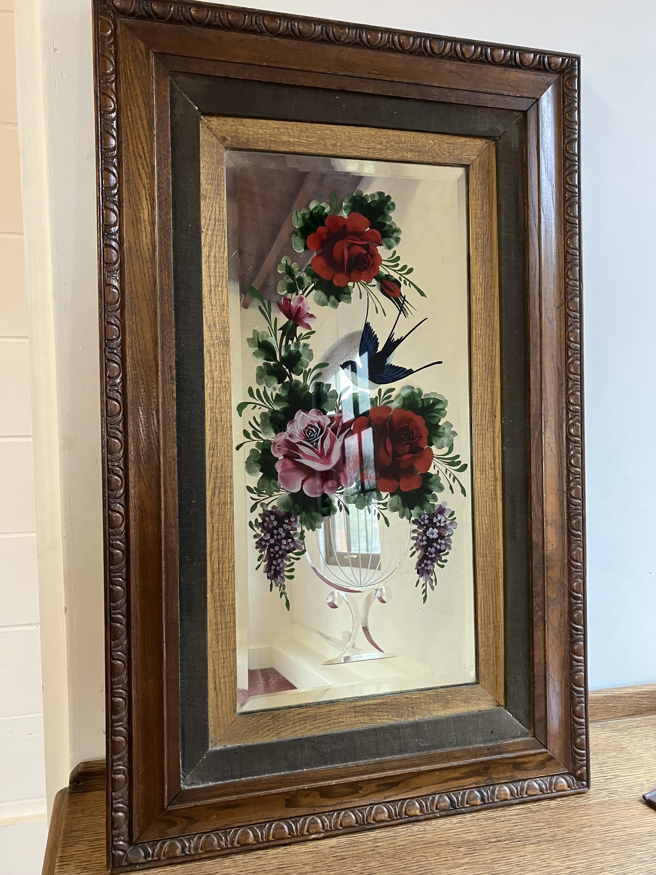 Victorian Reverse Painted and Etched Wall Mirror in Oak Frame with Pink and Red Roses