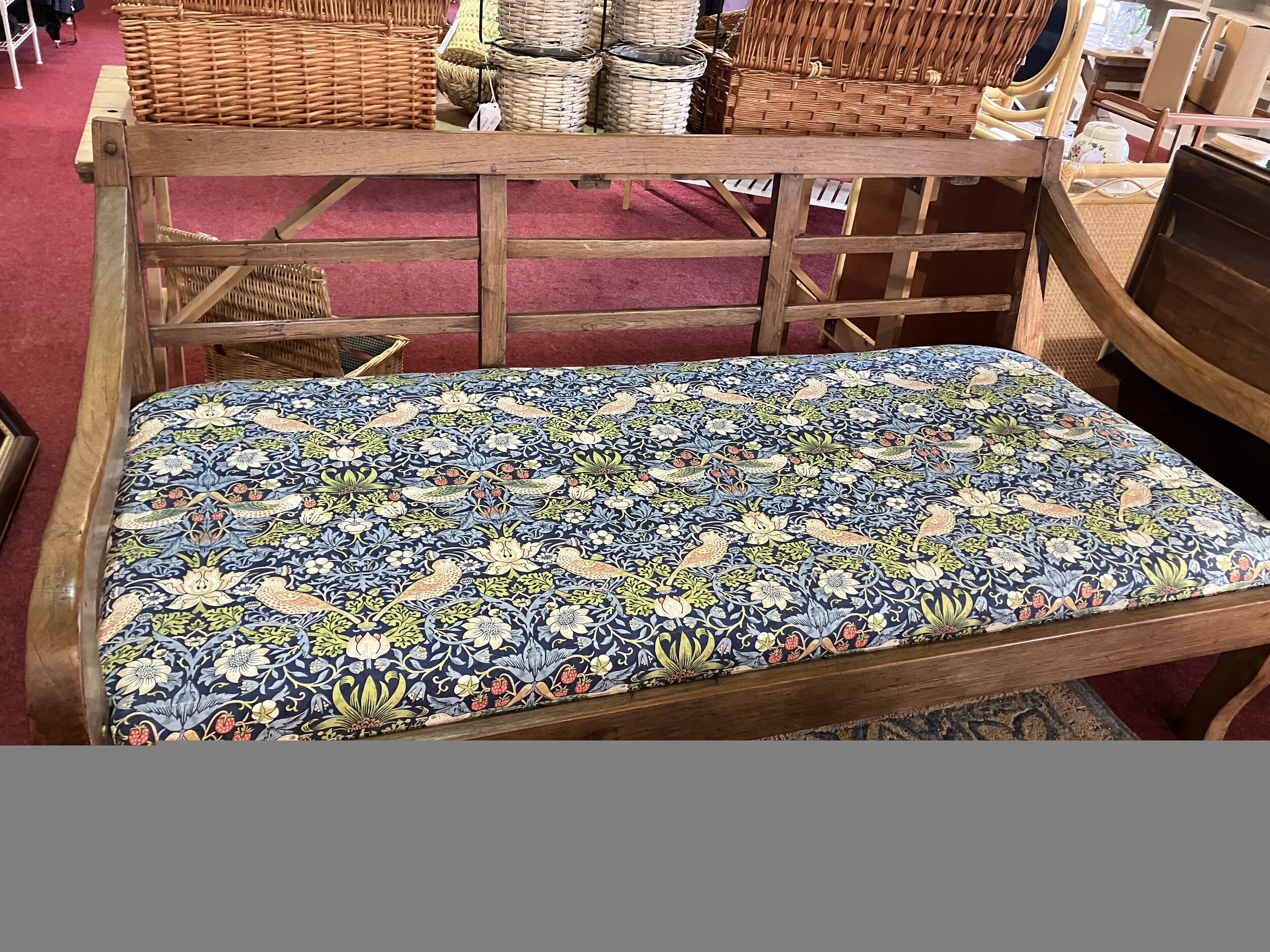 Victorian Oak Deep Seated Bench with Upholstered Seat and Slatted Back