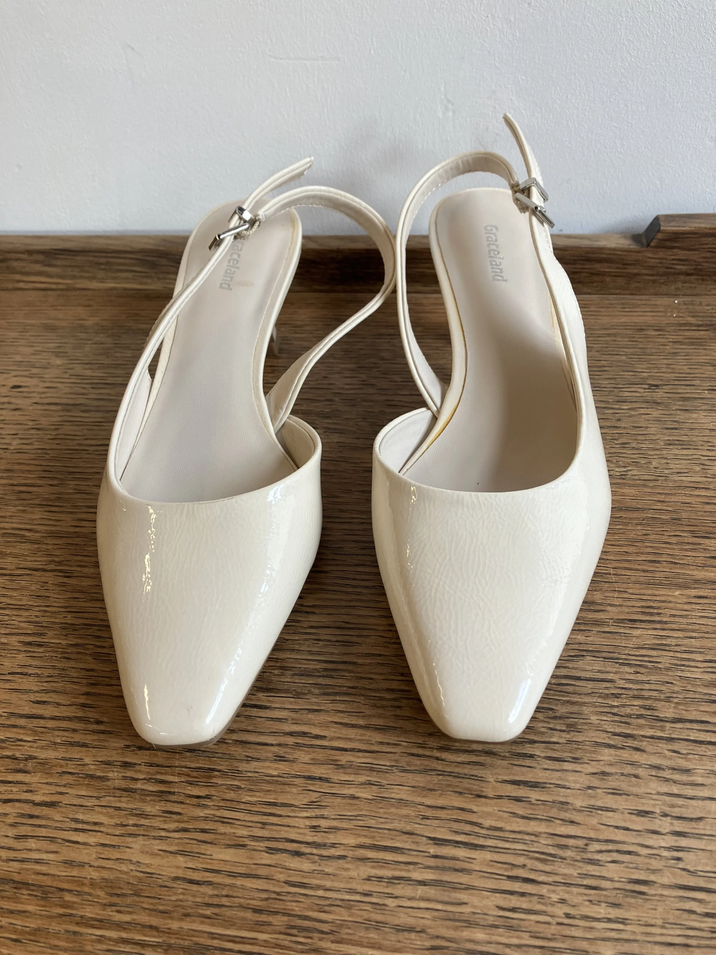Beige Patent Sling Back Kitten Heel Shoes by Graceland