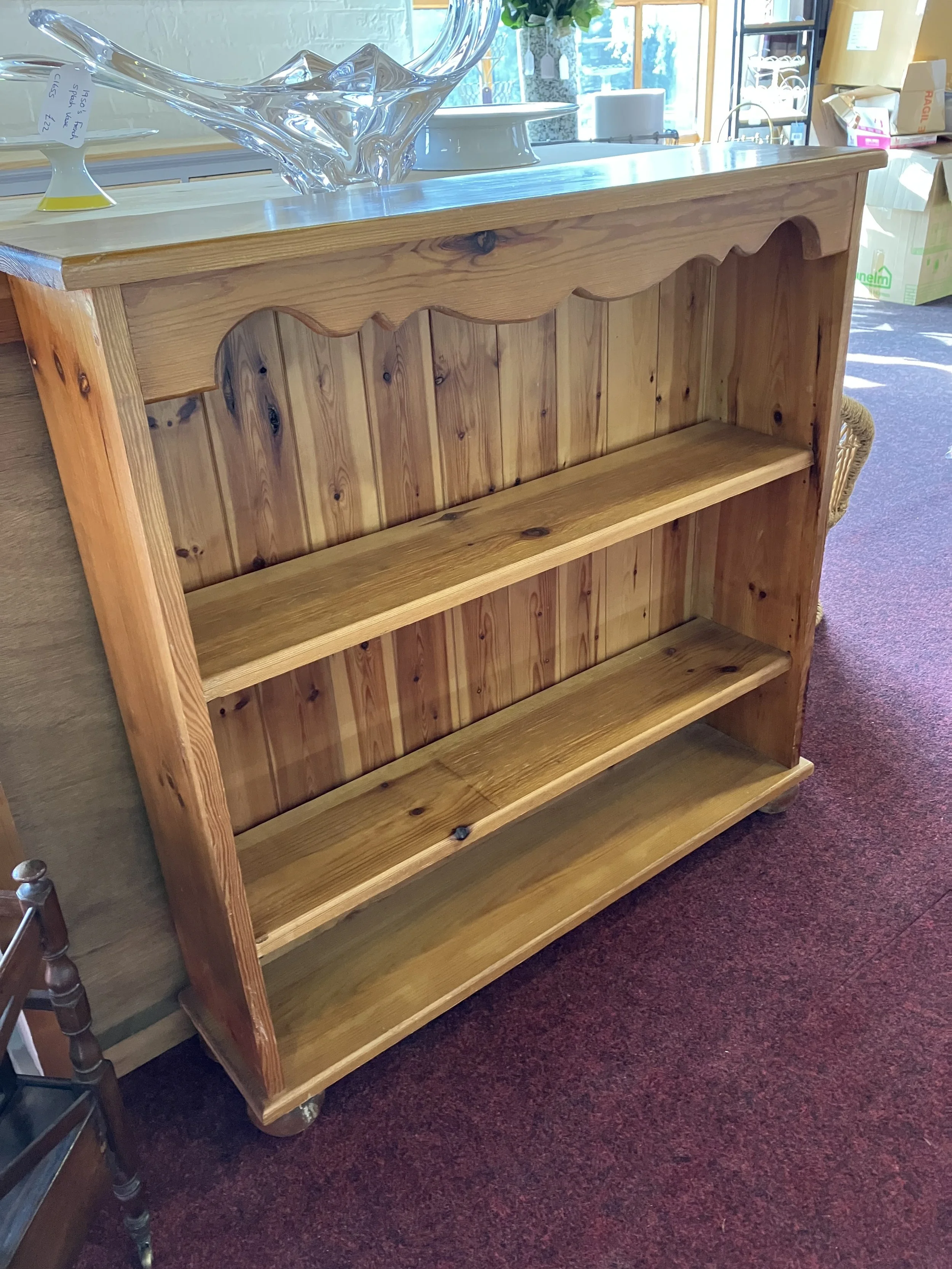 Solid Pine Freestanding Bookcase with Scroll Top and Bun Feet