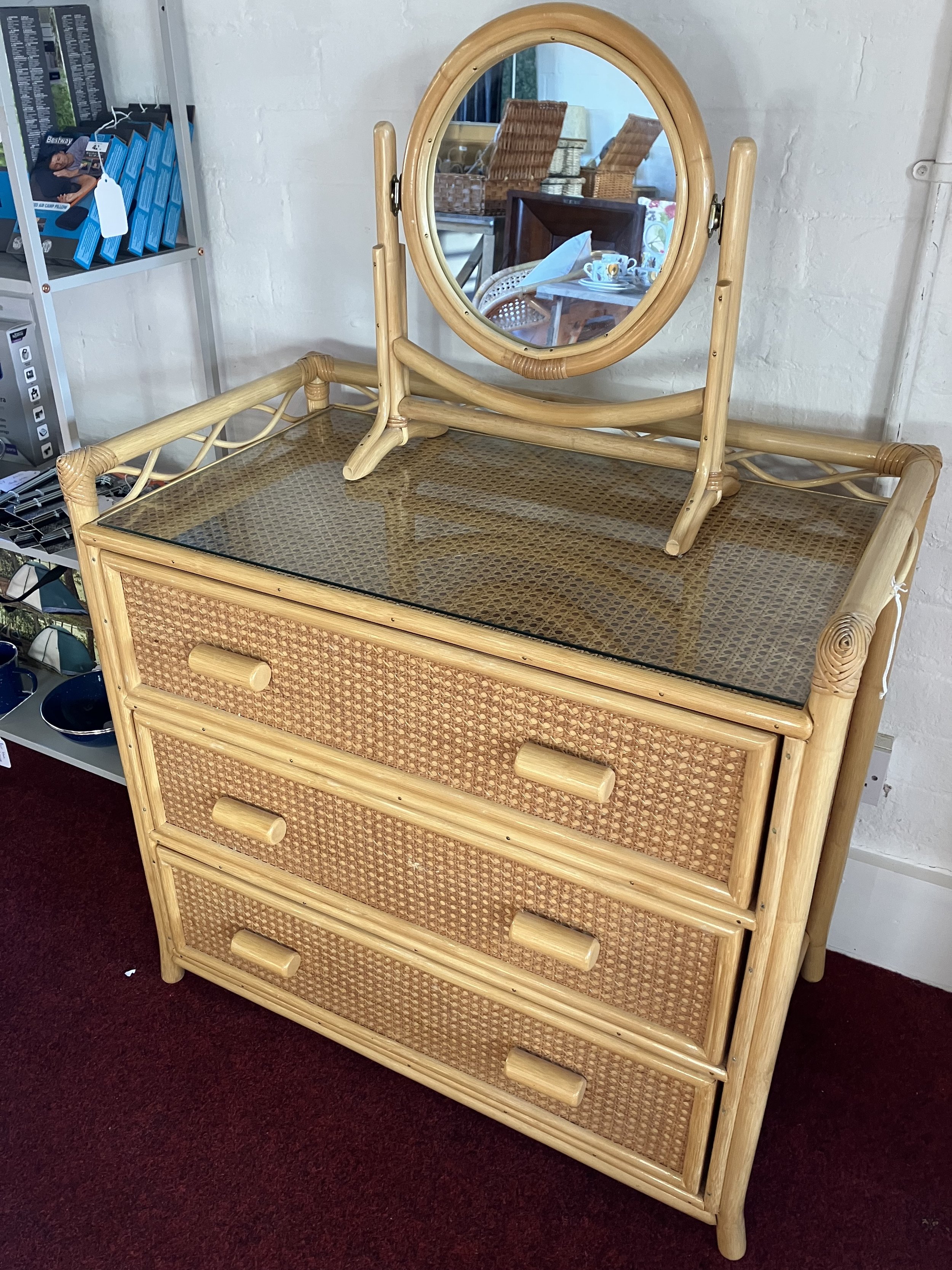 Vintage Bamboo and Rattan Chest of Drawers and Mirror by Angraves