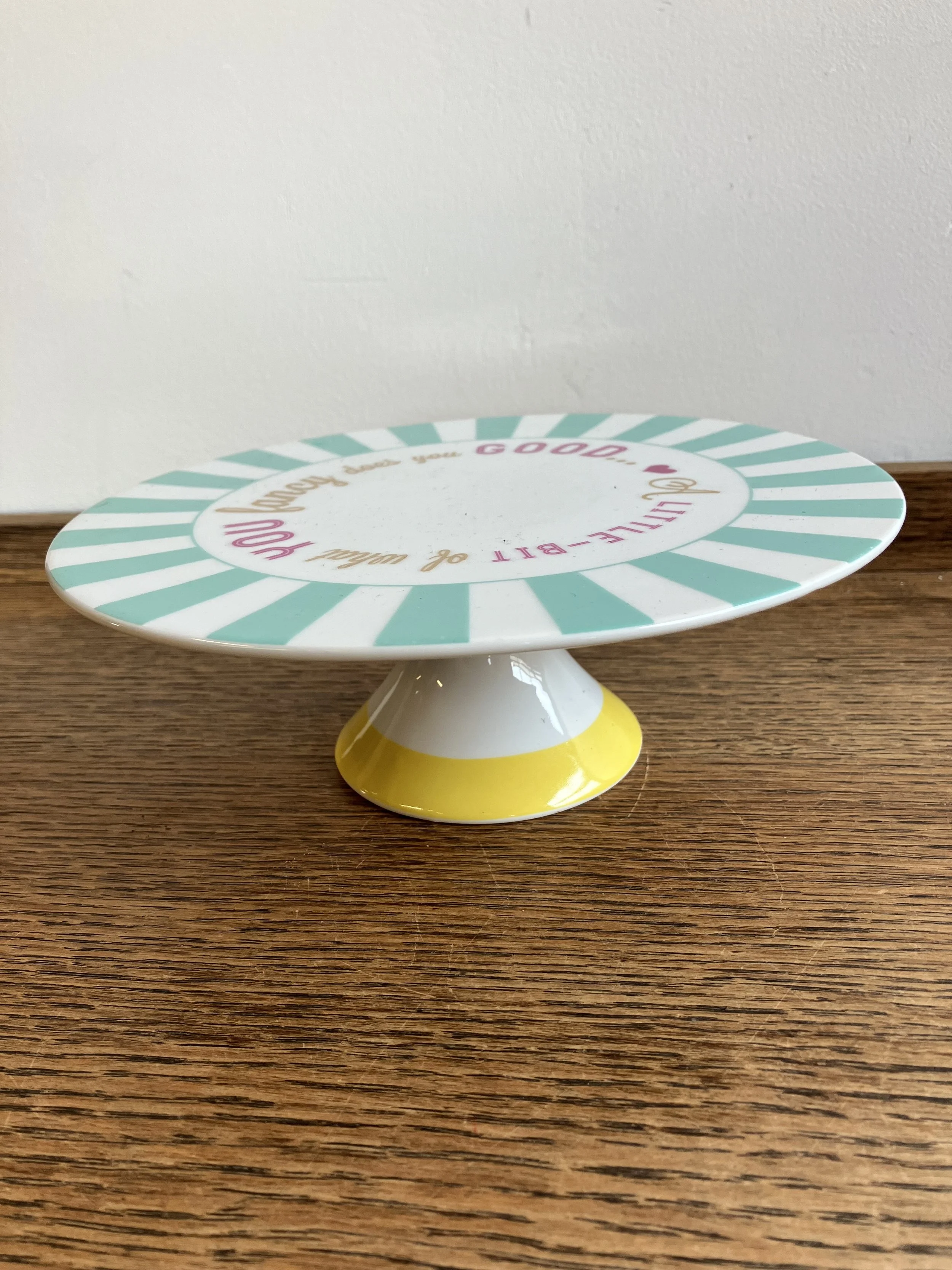 Small Turquoise and White Ceramic Cake Stand on Pedestal Base
