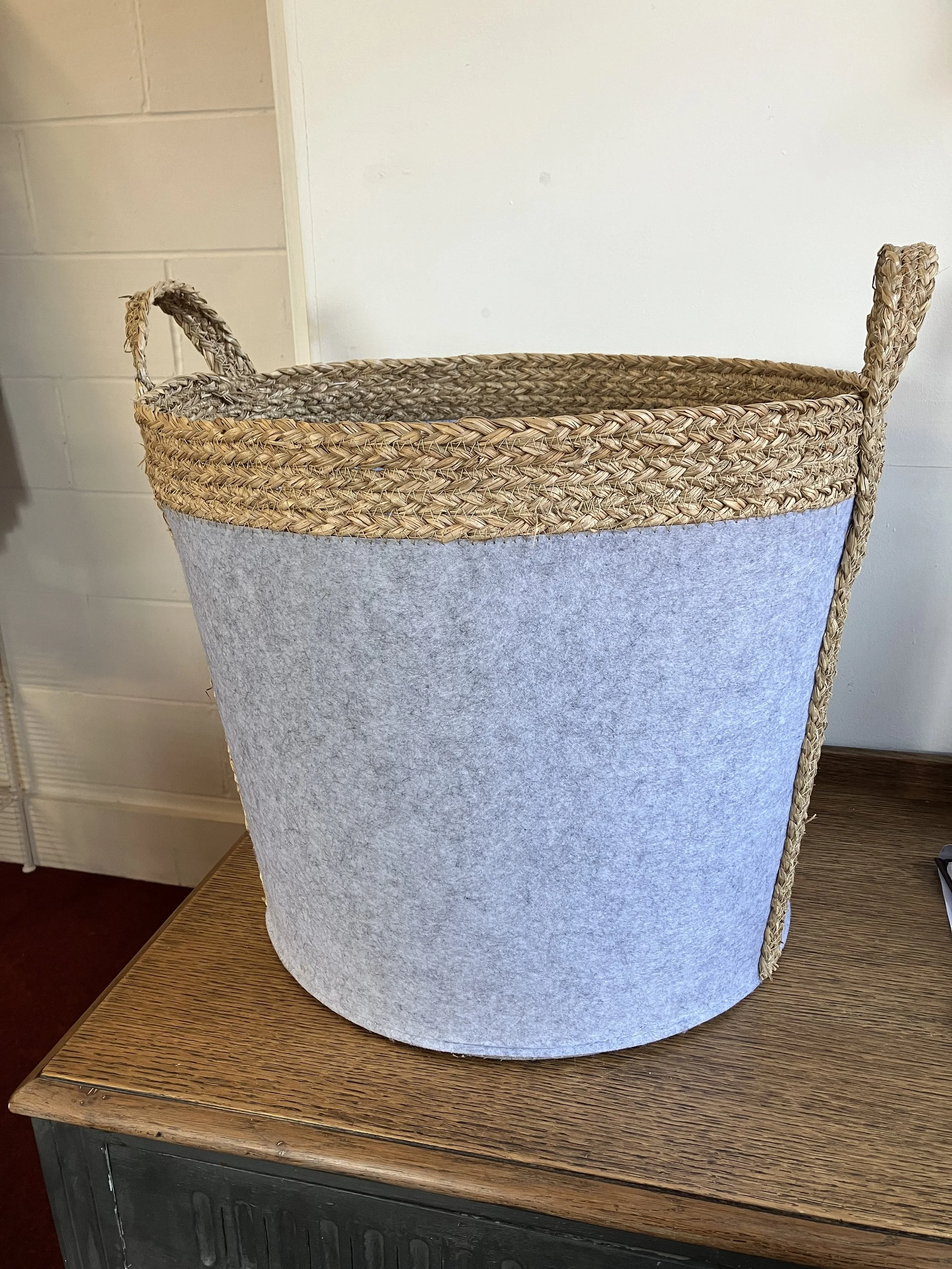 Large  Grey Felt Laundry Basket with Water Hyacinth Handles