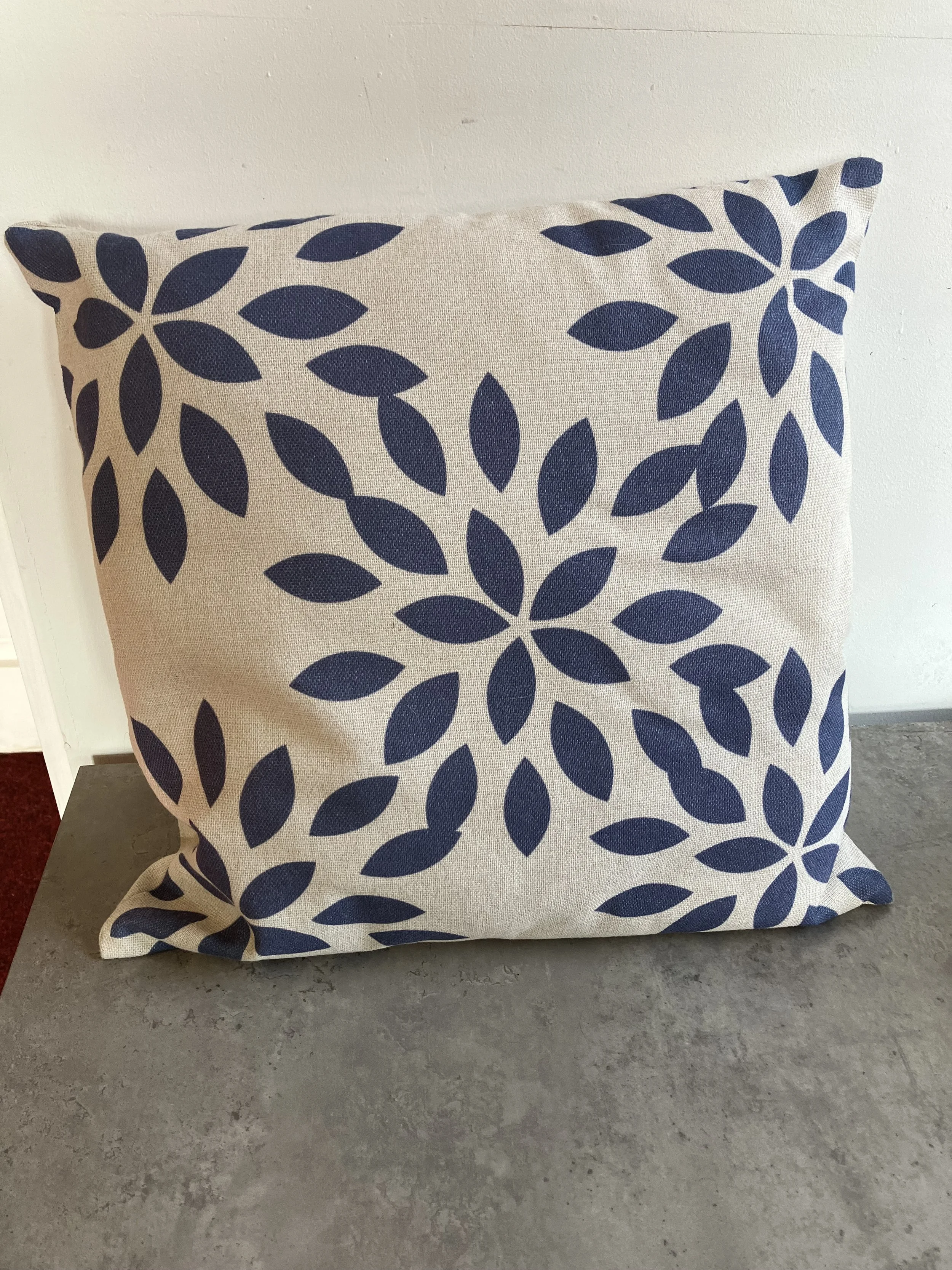 Square Cream and Blue Linen Cushion