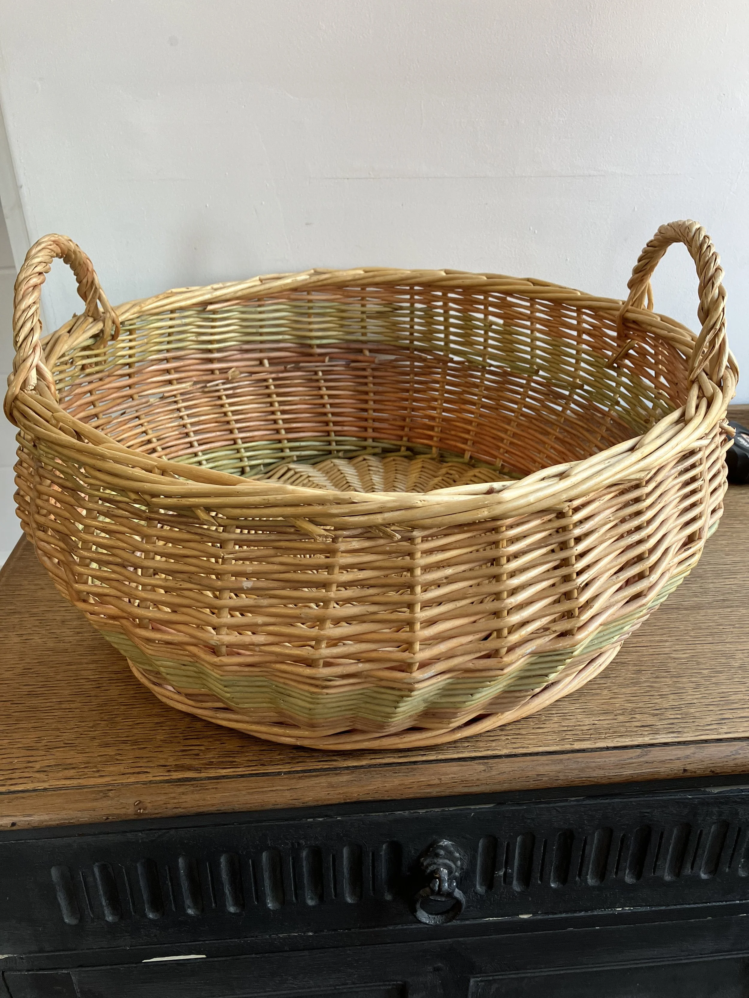 Large Round Woven Wicker Two Tone Basket with Handles