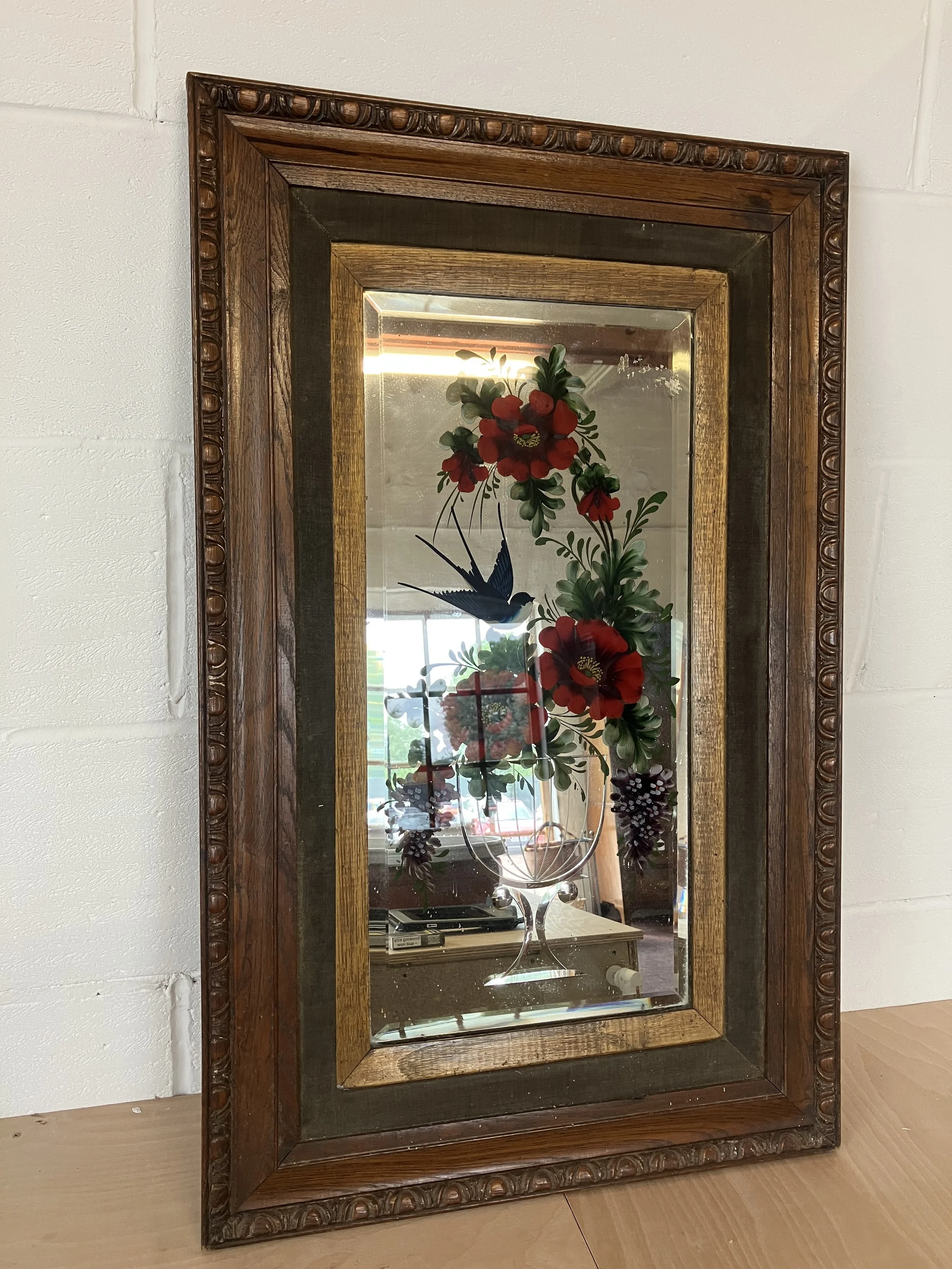 Victorian Reverse Painted and Etched Oak Framed Wall Mirror with Bright Red Flowers