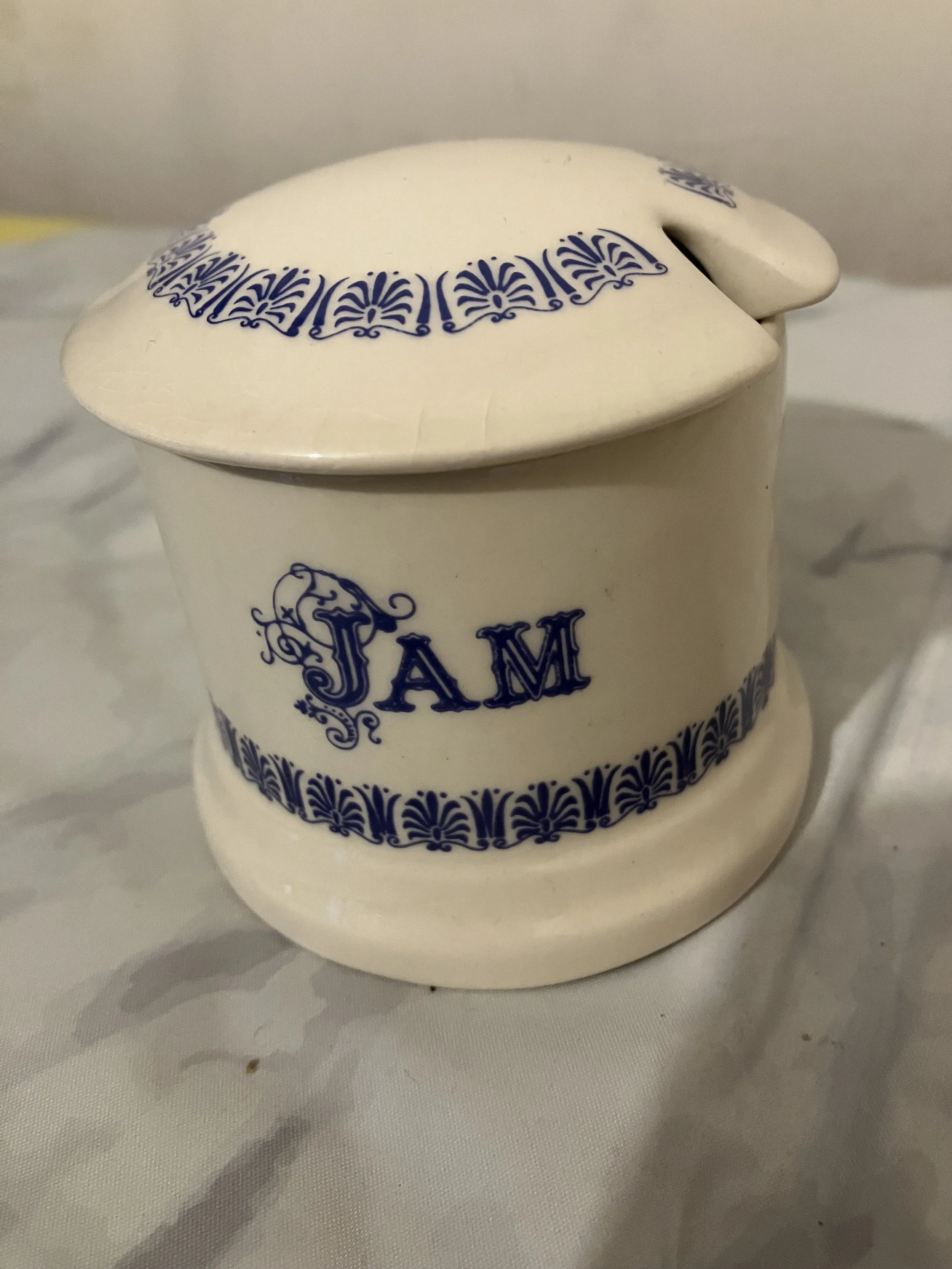 Small Cream and Blue 1930's Jam Pot with Lid by Ditto