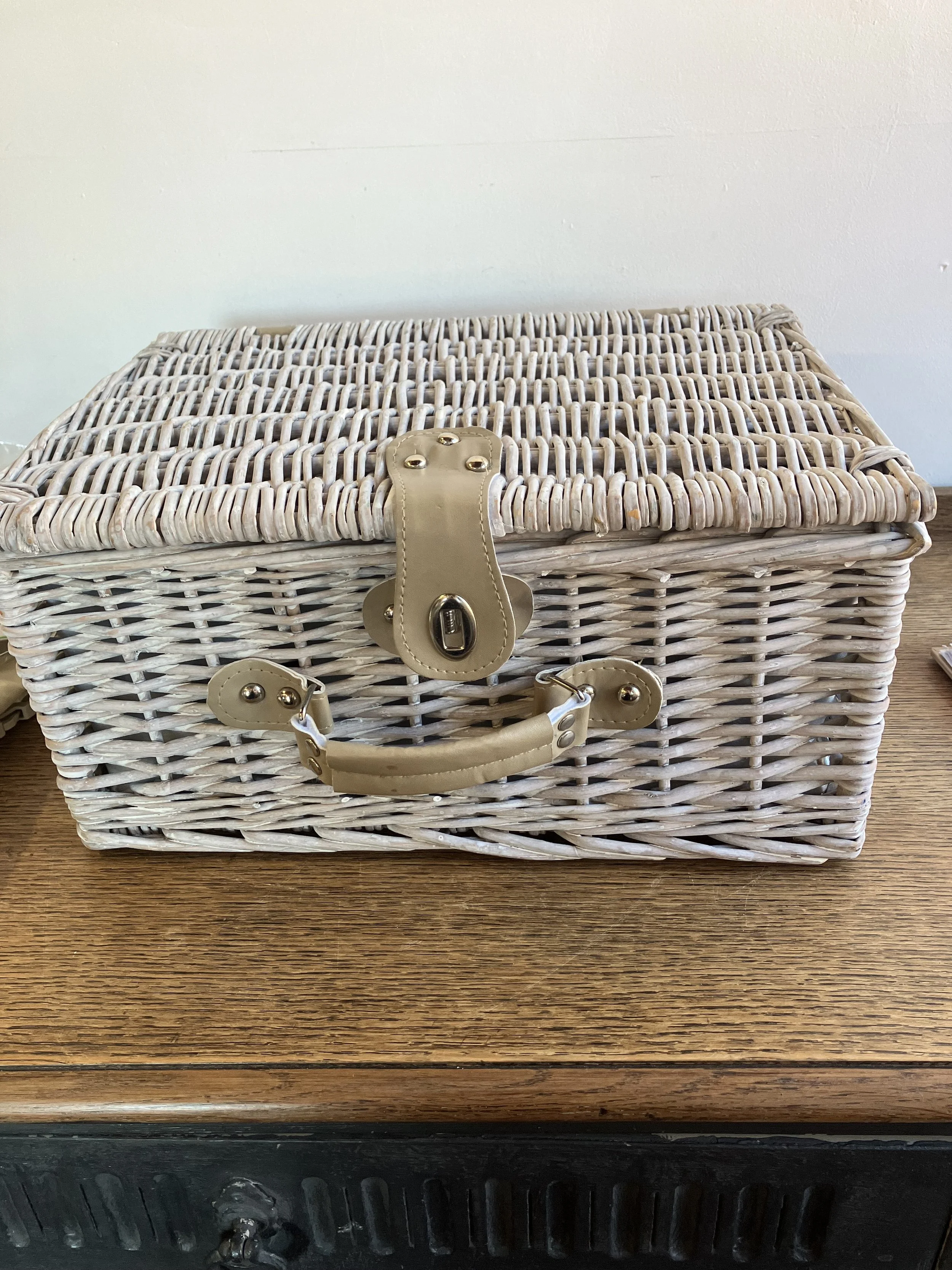 Grey Washed Wicker Picnic Hamper and Contents