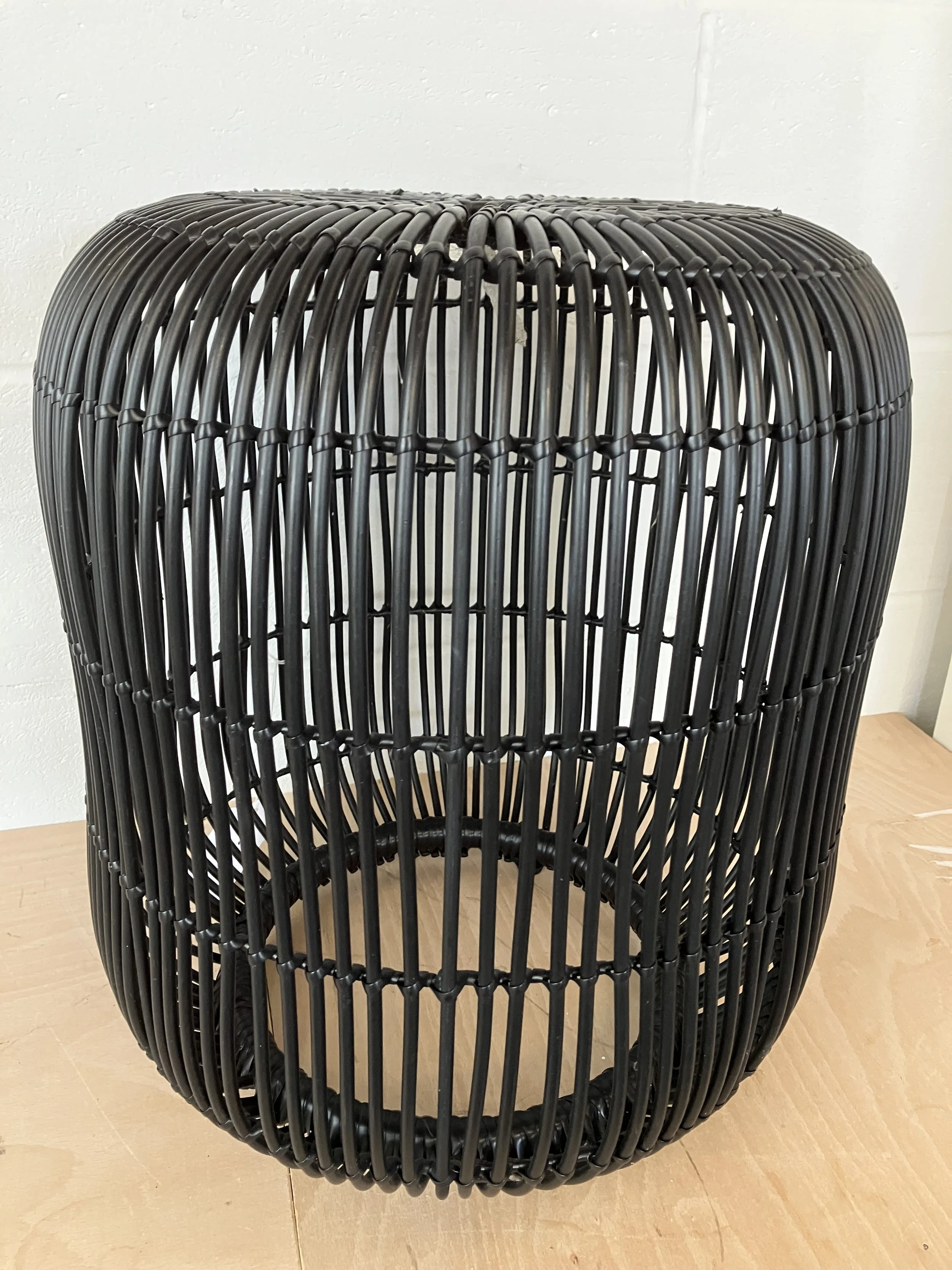 Barrel Shaped Black Metal Framed Side Table with Rattan Effect