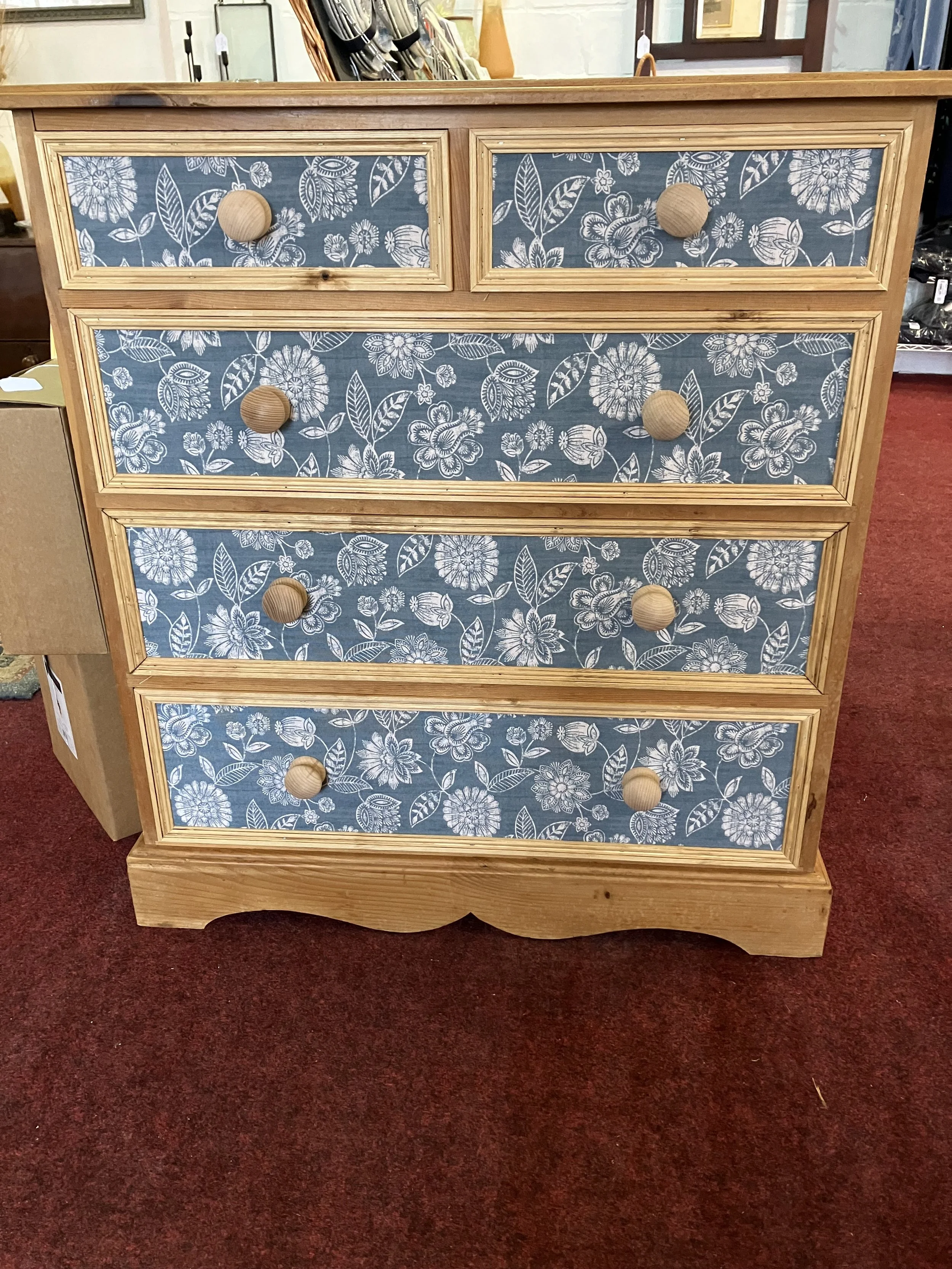 Set of Two over Three Pine Chest of Drawers with Floral Fabric Panels