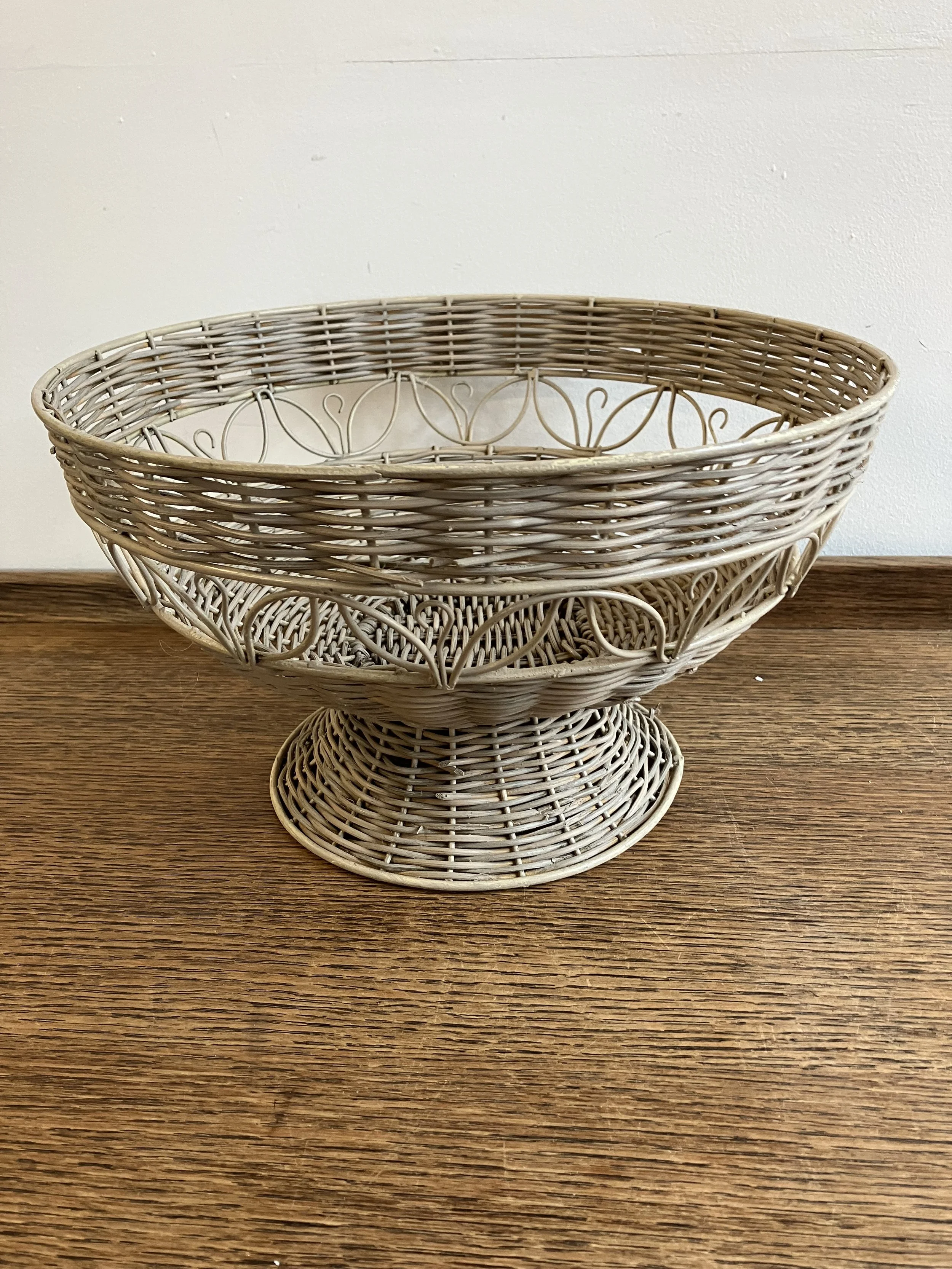 Cream and Grey Metal and Wicker Round Fruit Bowl