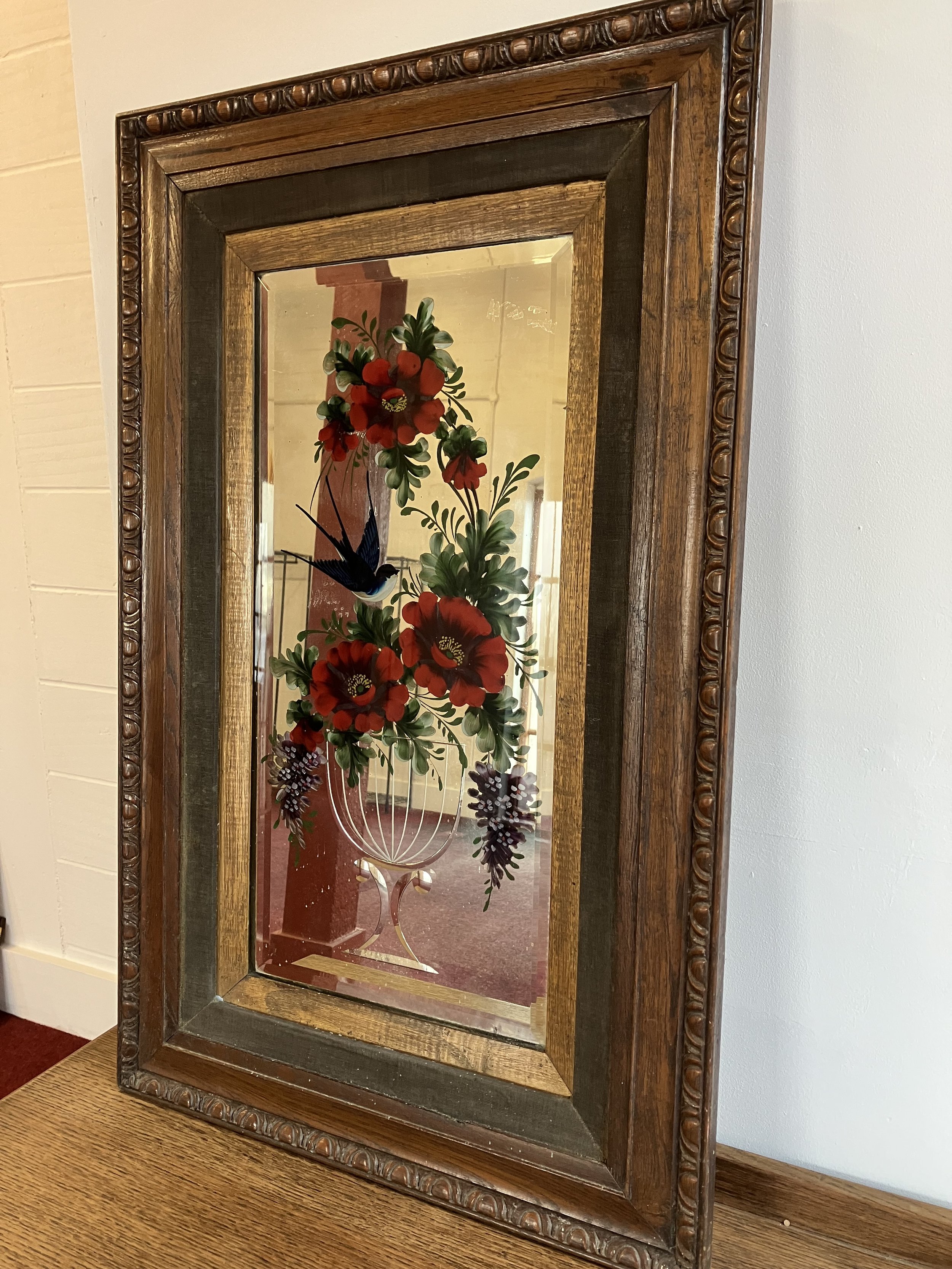 Victorian Reverse Painted and Etched Oak Framed Wall Mirror with Bright Red Flowers