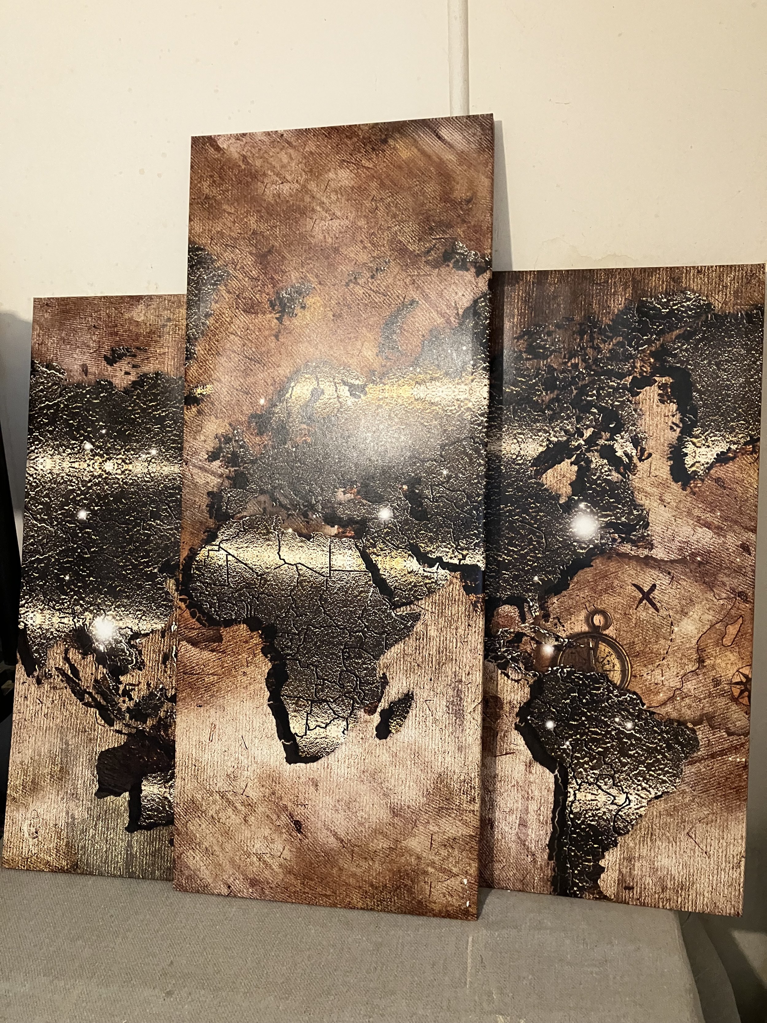 Three Panel Brown and Black Map of The World Canvas Wall Art by We Love Your Walls