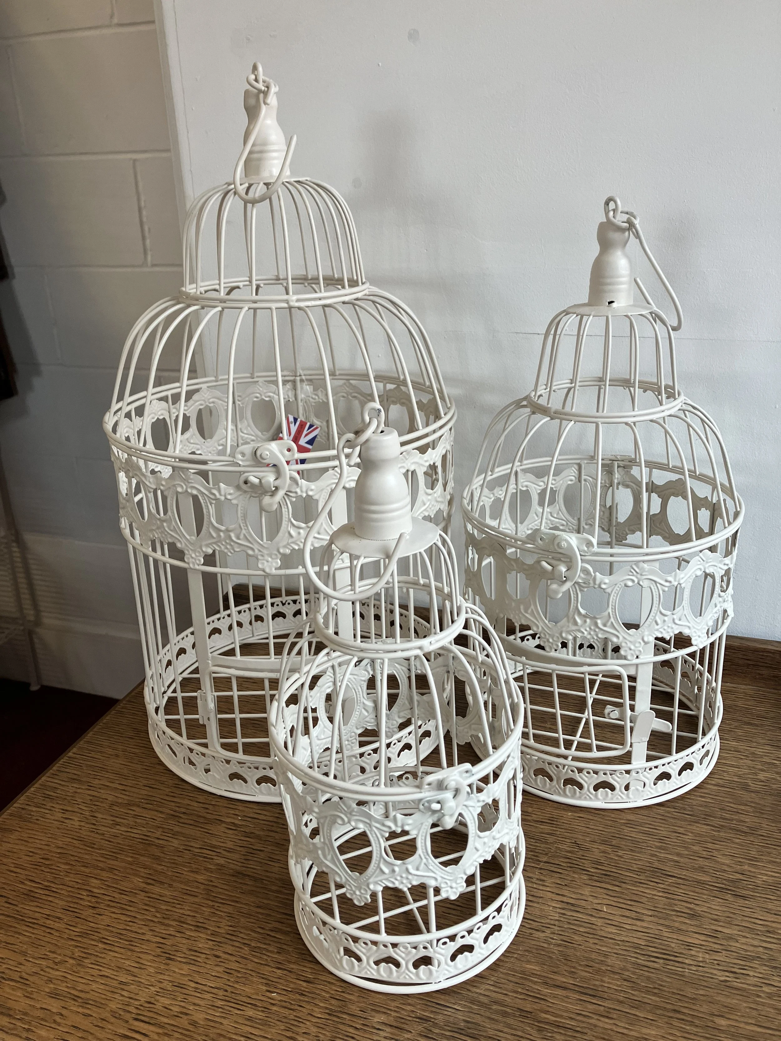Set of Three White Metal Birdcage Shaped Hanging Planters