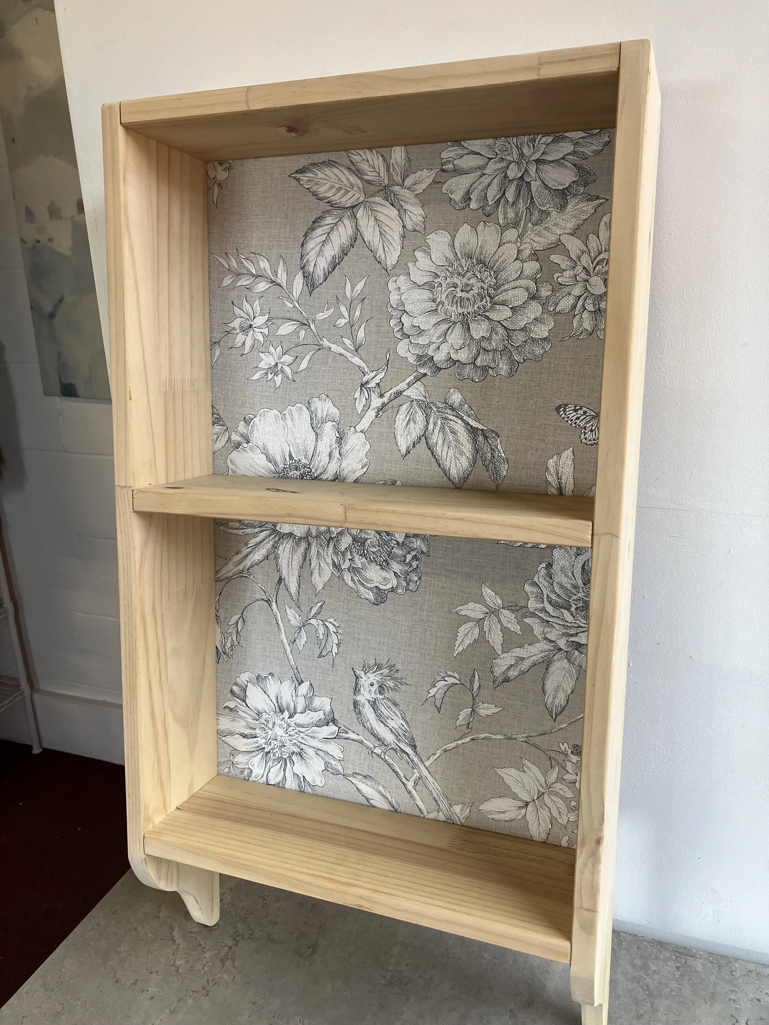 Pine Wall Mounted Shelf with Light Grey Floral Patterned Back