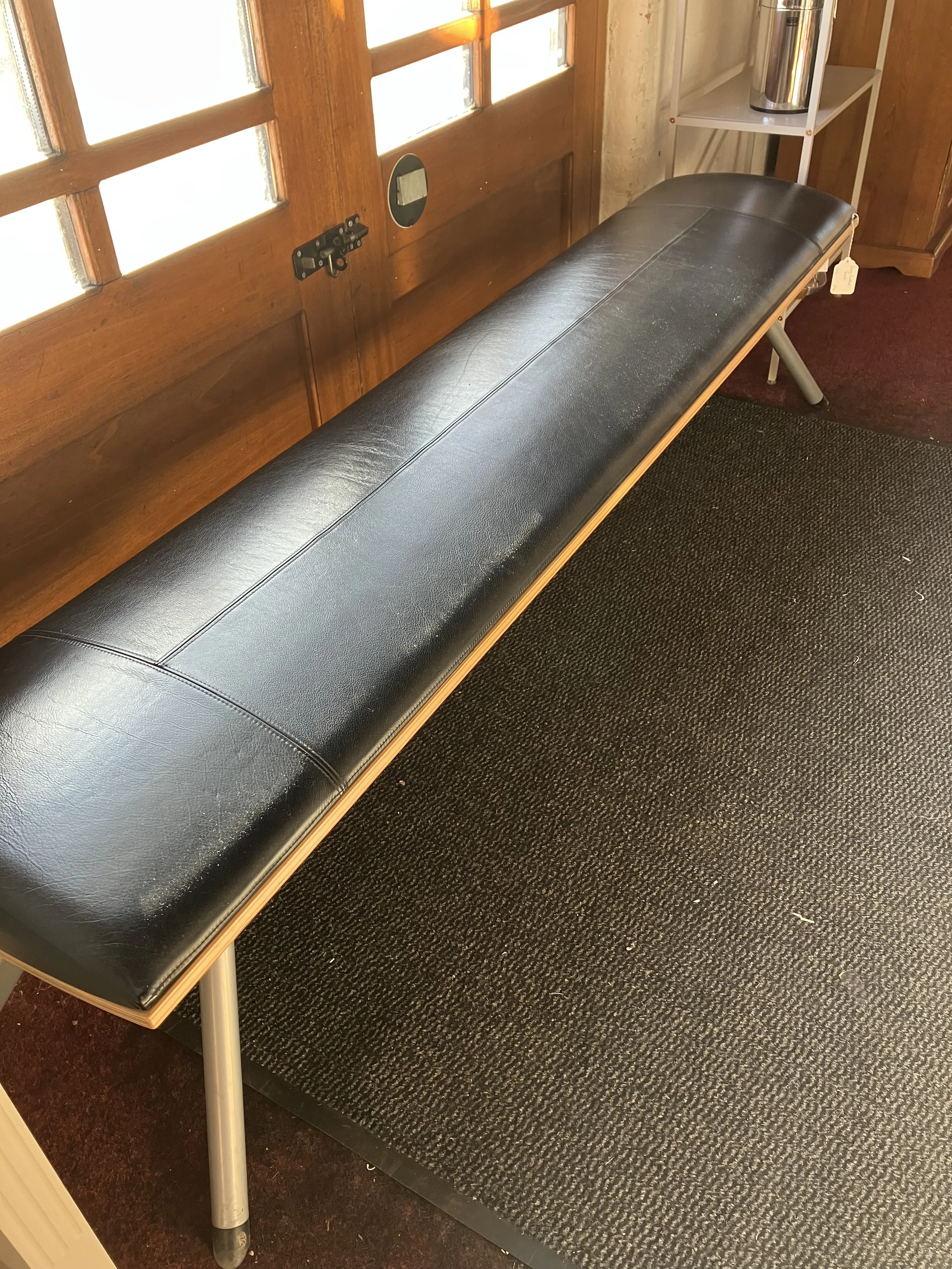 Long Upholstered Black Leather Bench with Aluminium Legs