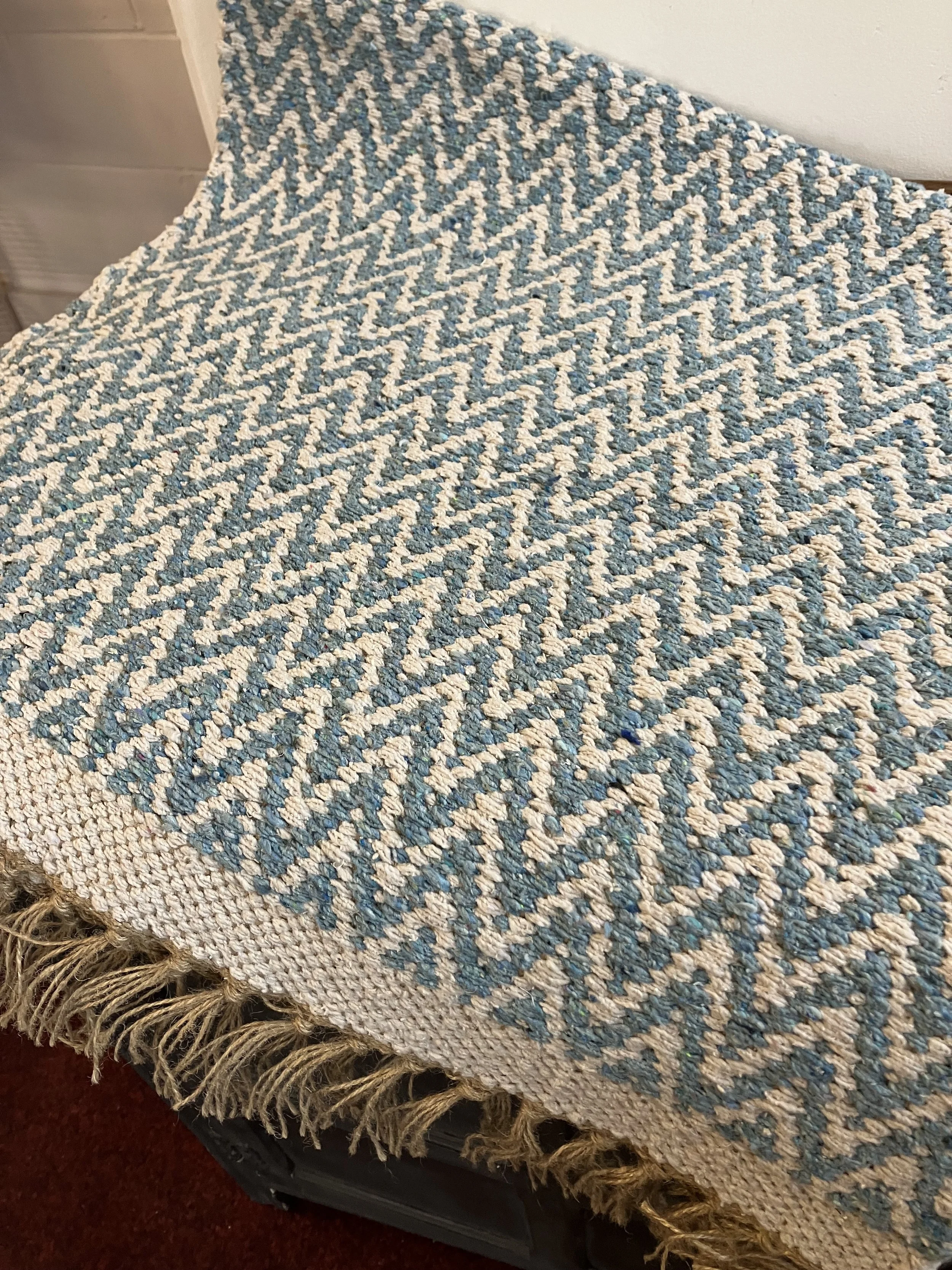 Light Blue and White Zig Zag Patterned Cotton and Jute Rectangle Rug