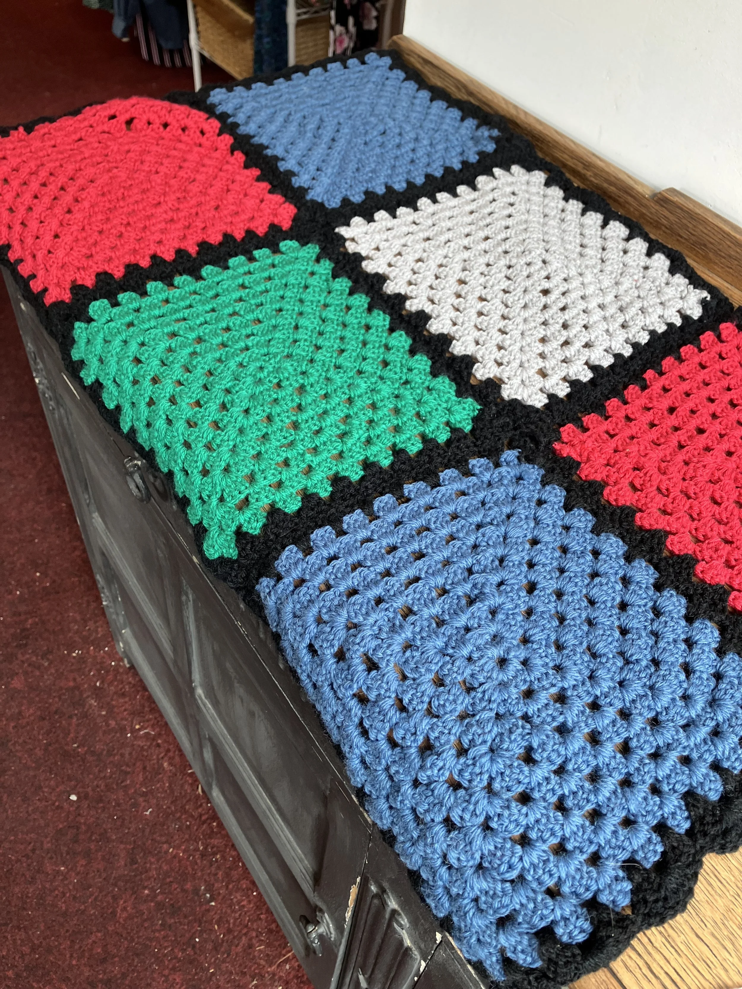 Hand Crocheted Rectangle Pet Blanket Pink, Blue, Grey and Green