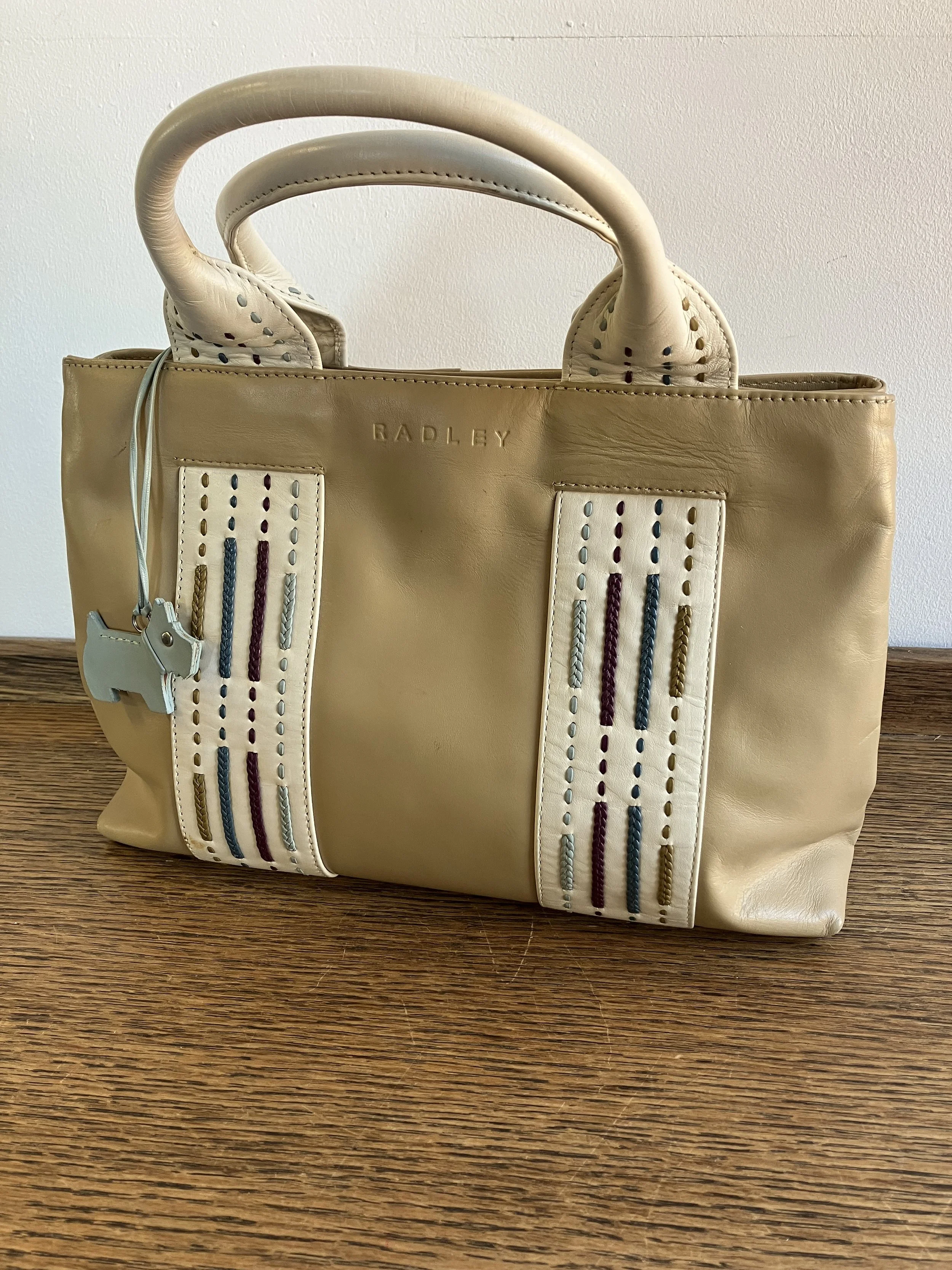 Beige Leather Radley London Handbag with Top Handles and Stitching