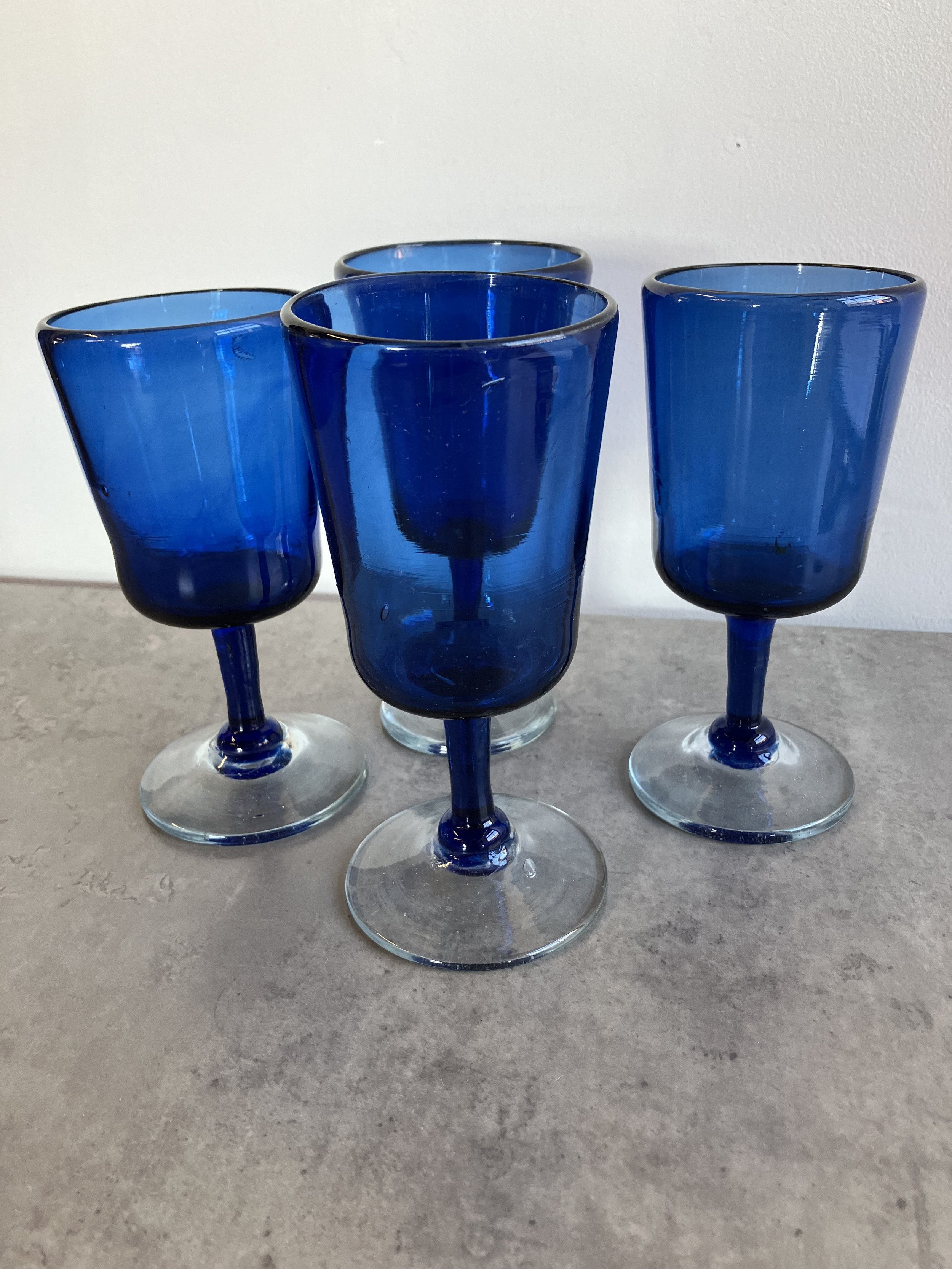 Set of Four Vintage Blue Glass Goblets