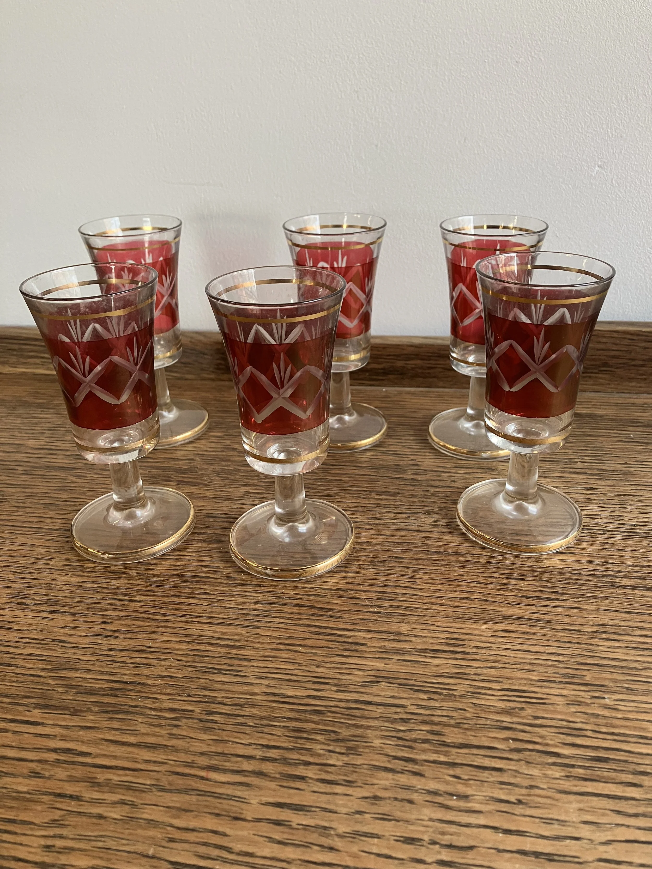 Set of Six Vintage BRF Italian Cranberry Red Flash Etched Cordial Glasses