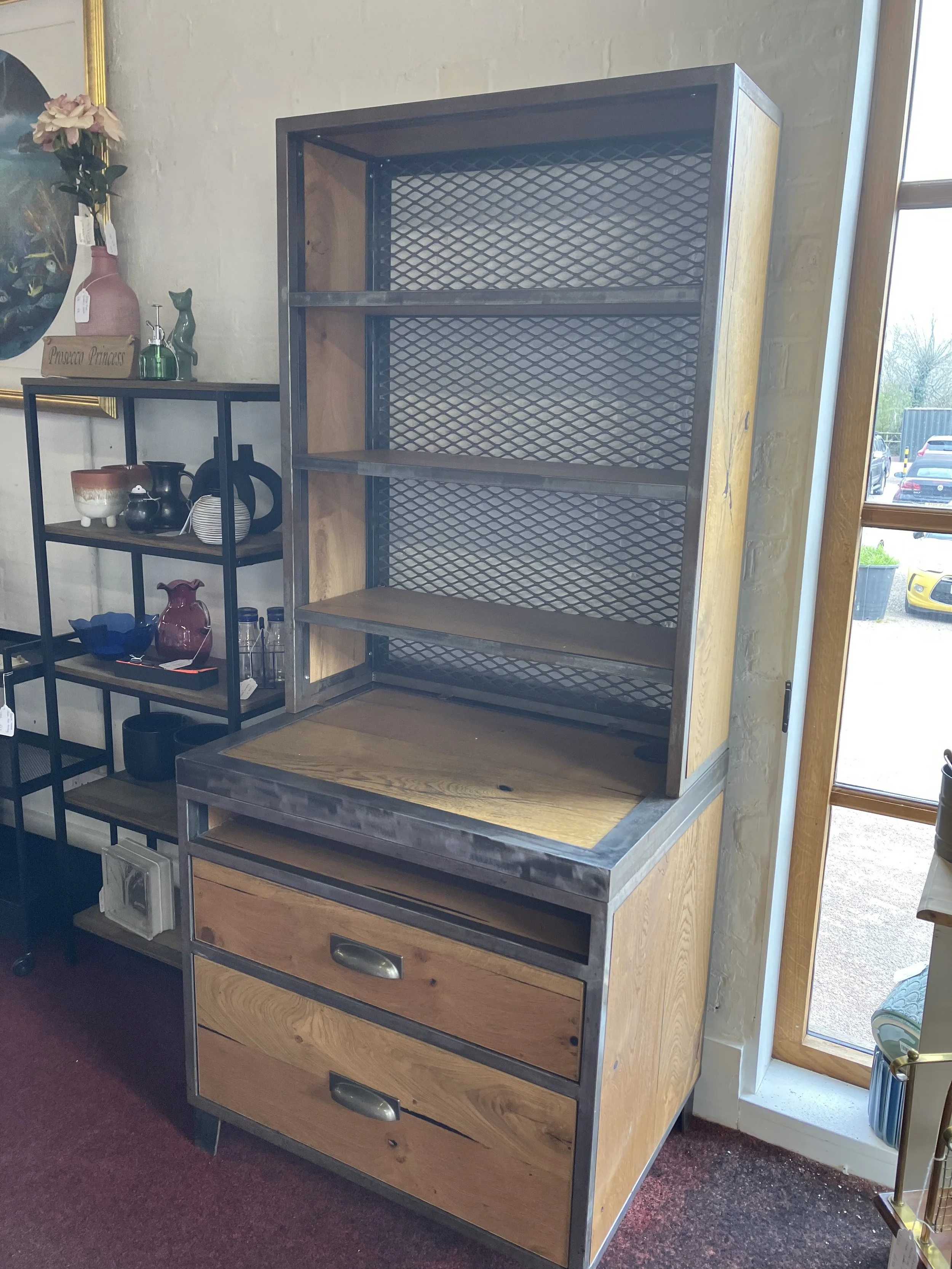 Heavy Wood and Metal Industrial Style Dresser with Shelves and Drawers