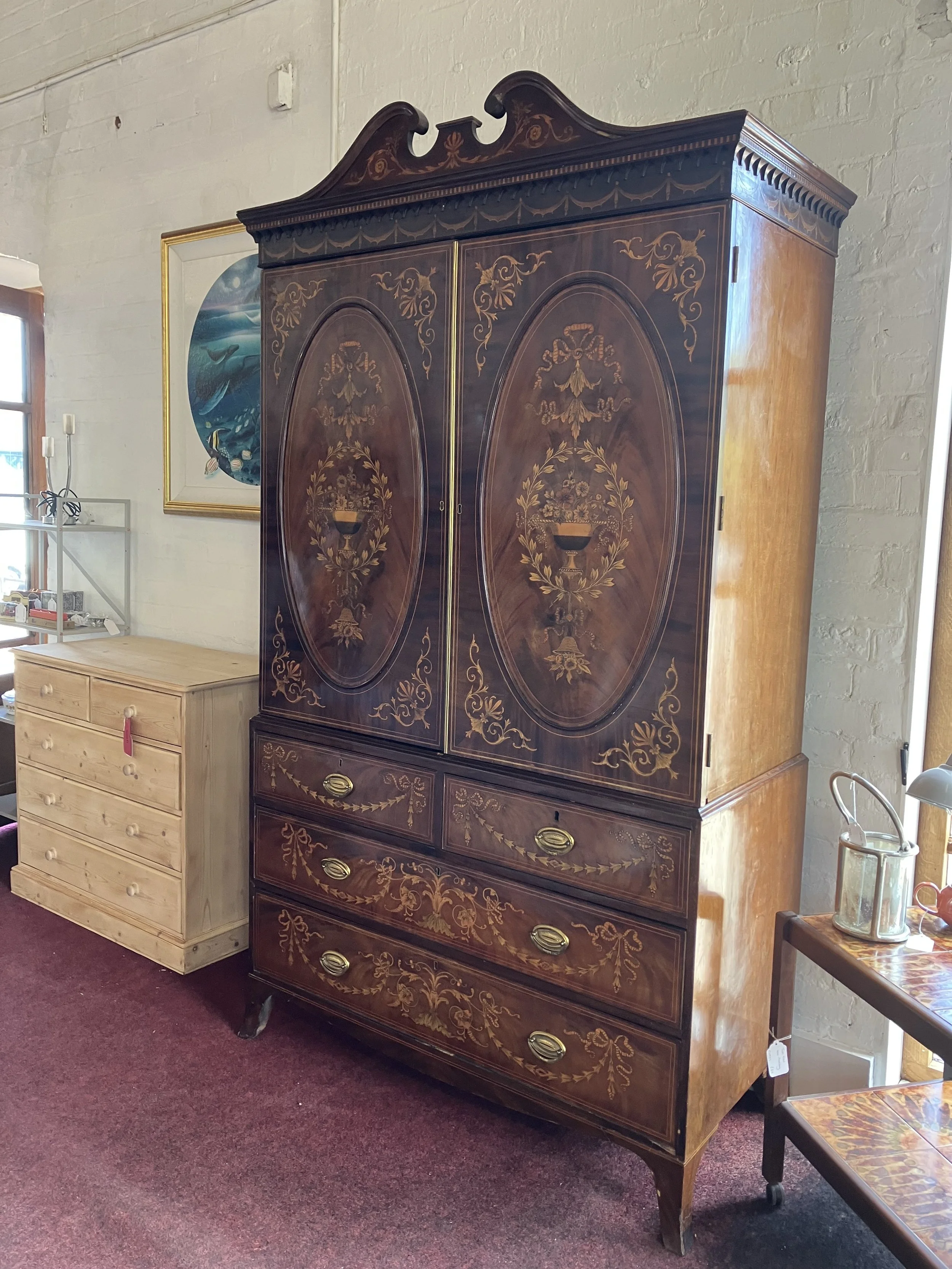 George III Style Wood and Marquetry Linen Cupboard with Drawers