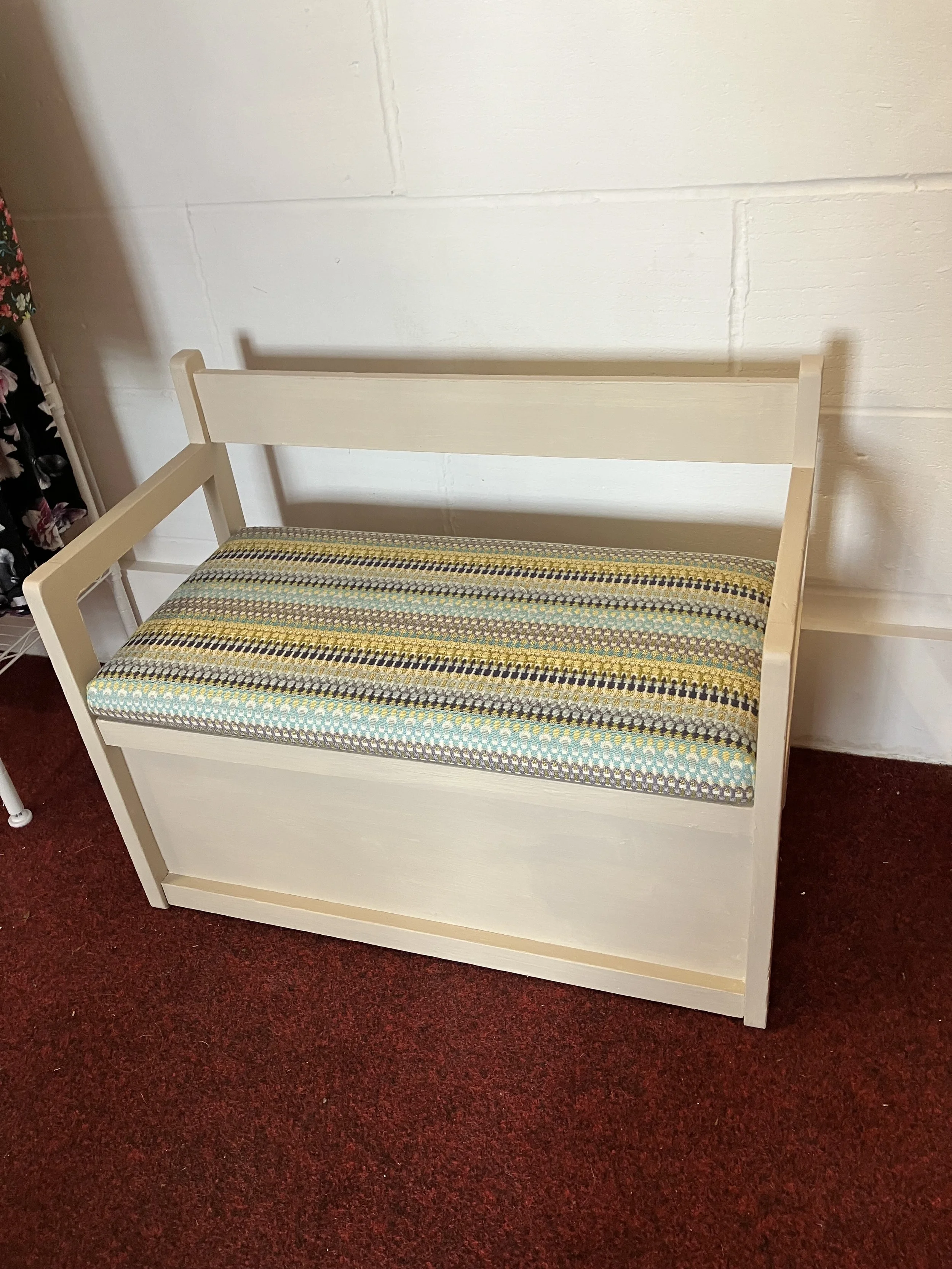 Vintage Child's Painted Storage Bench with Upholstered Seat