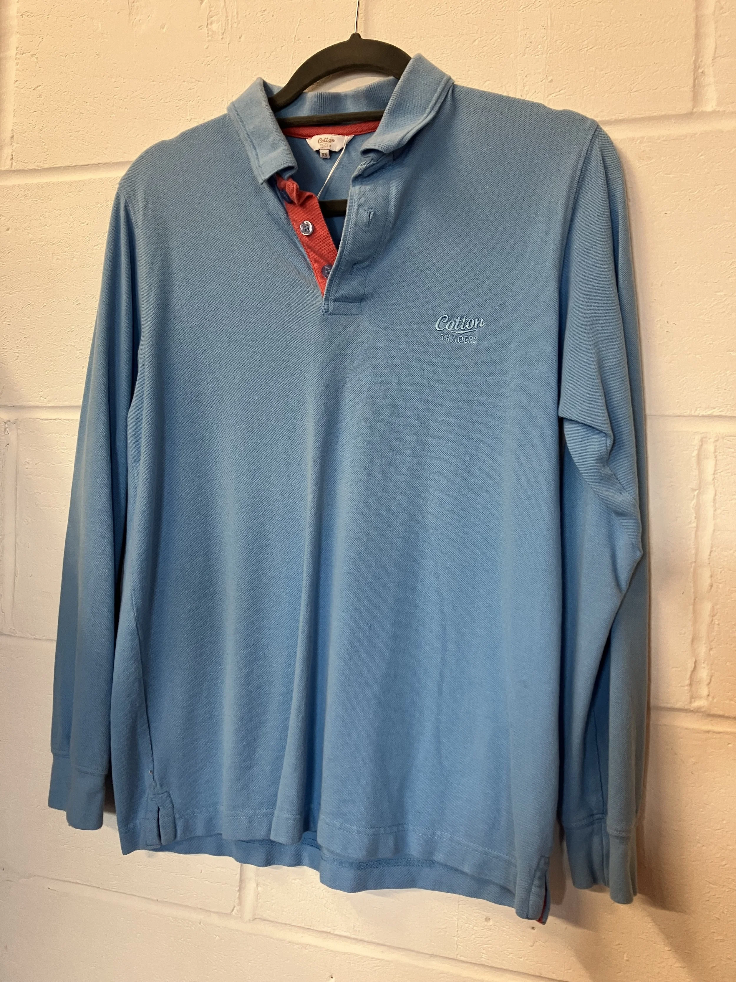 Ladies Cotton Traders Blue Long Sleeved Rugby Style Pink and Blue Shirt