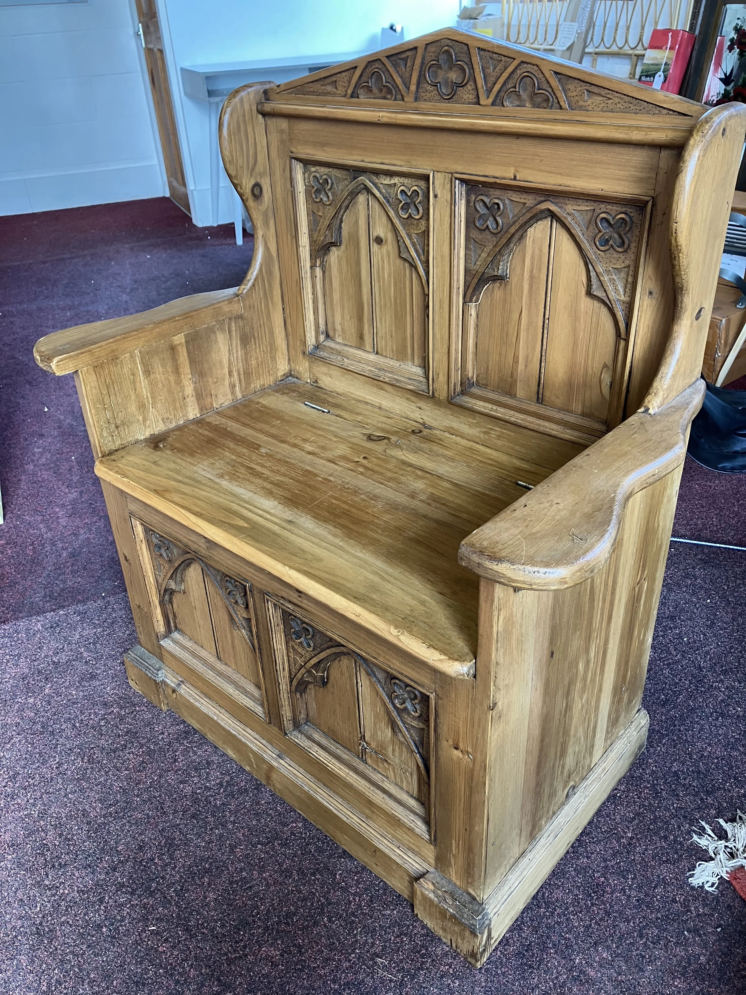 Rustic Pine Gothic Style Carved Monk's Bench