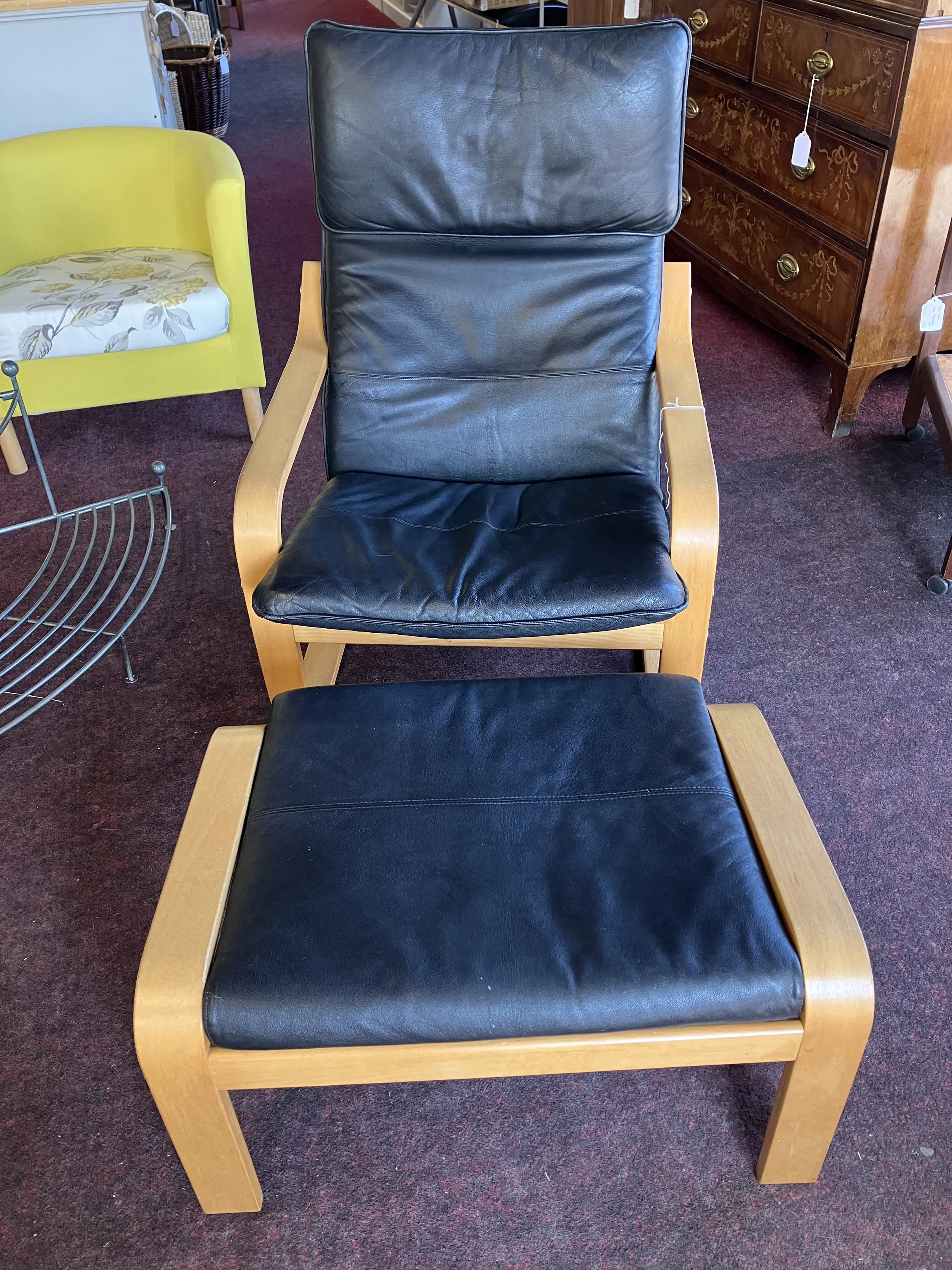 Ikea Poang Black Leather and Beech Framed Chair with Footstool