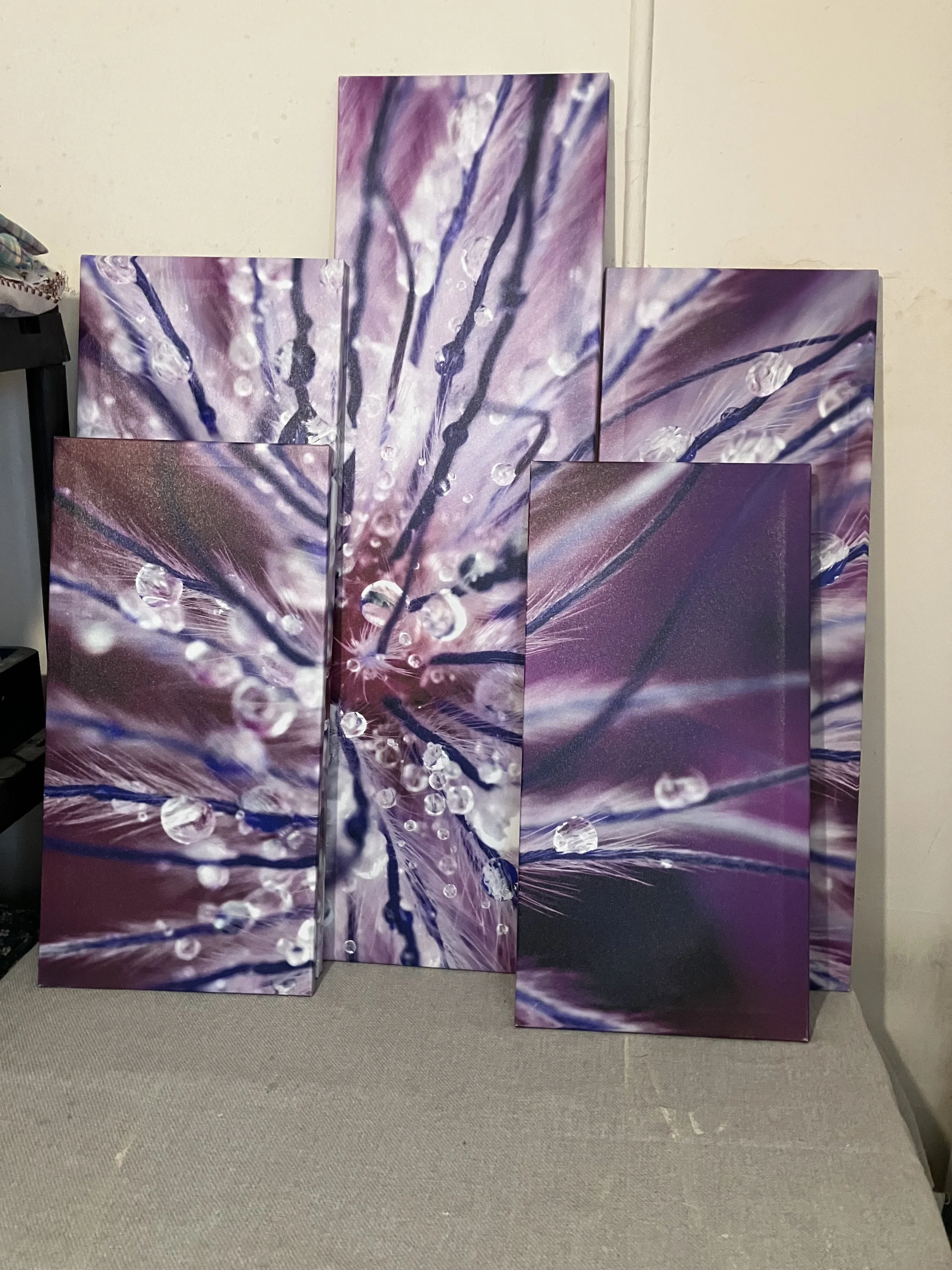 Multi Panel Purple Floral and Dewdrop Macro Canvas Wall Art