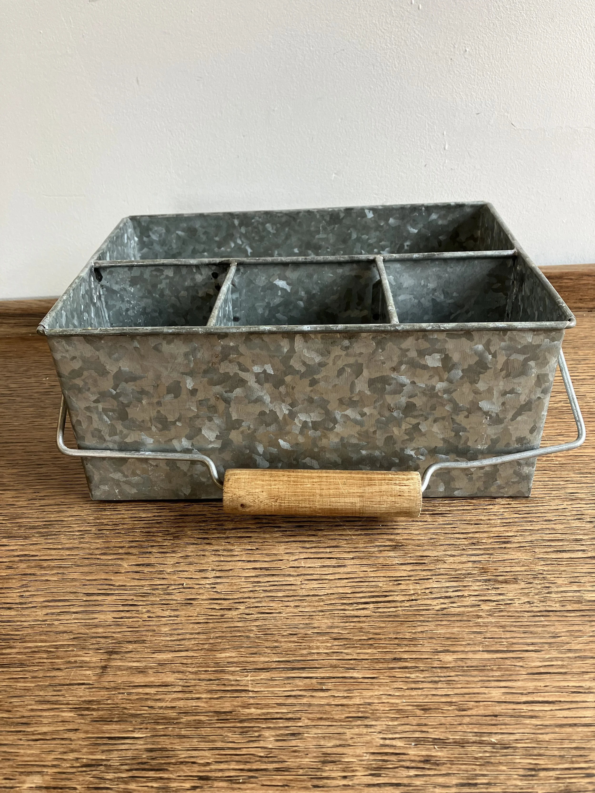 Galvanised Metal Basket with Four Compartments and Wooden Handle