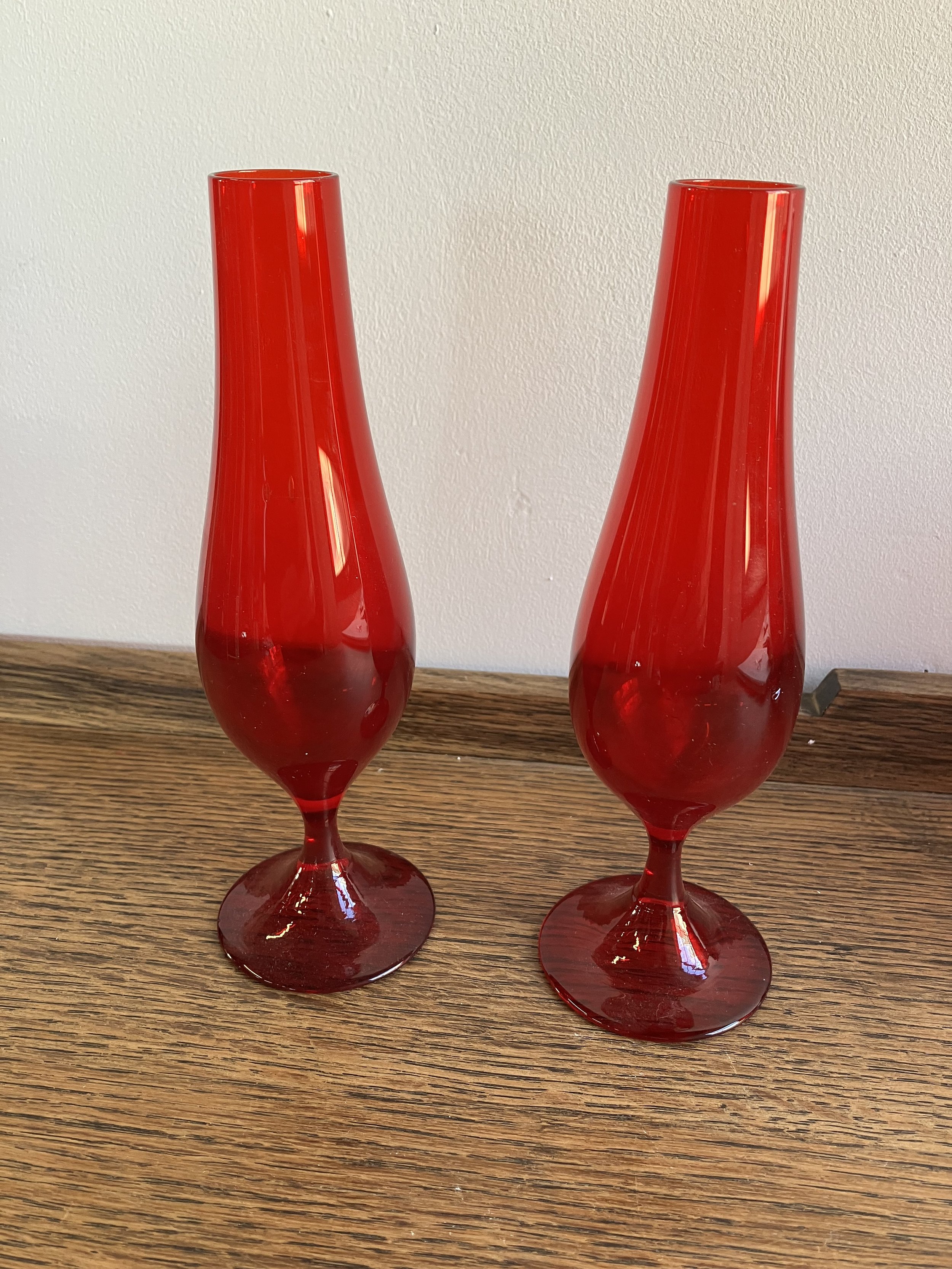Vintage Pair of Red Glass Table Top Vases