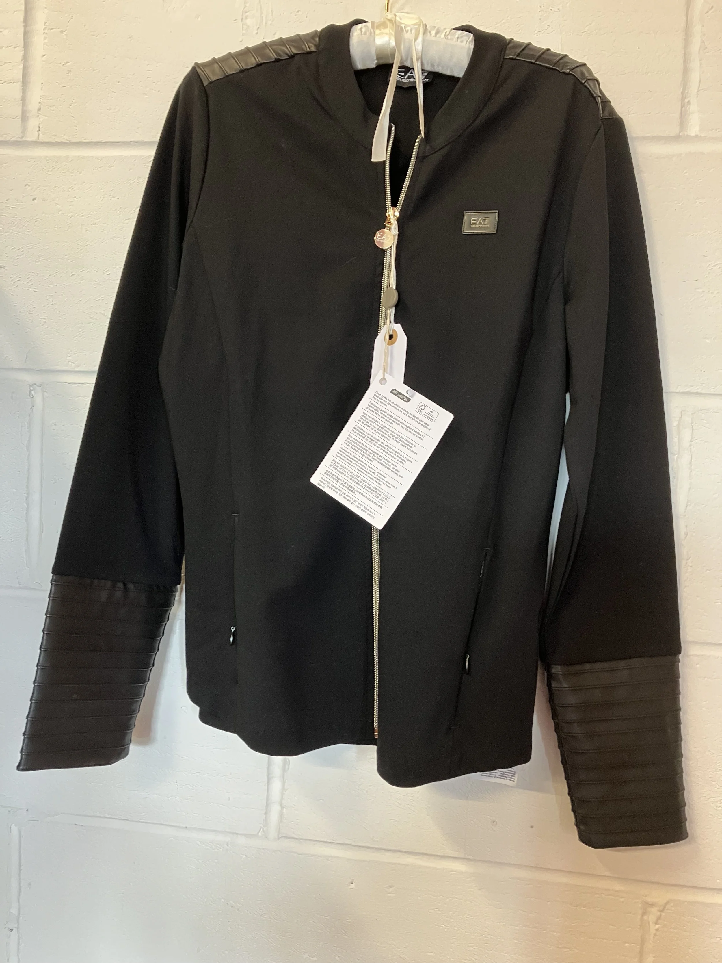 EA7 Emporio Armani Black Ladies Sweatshirt with Faux Leather Panels