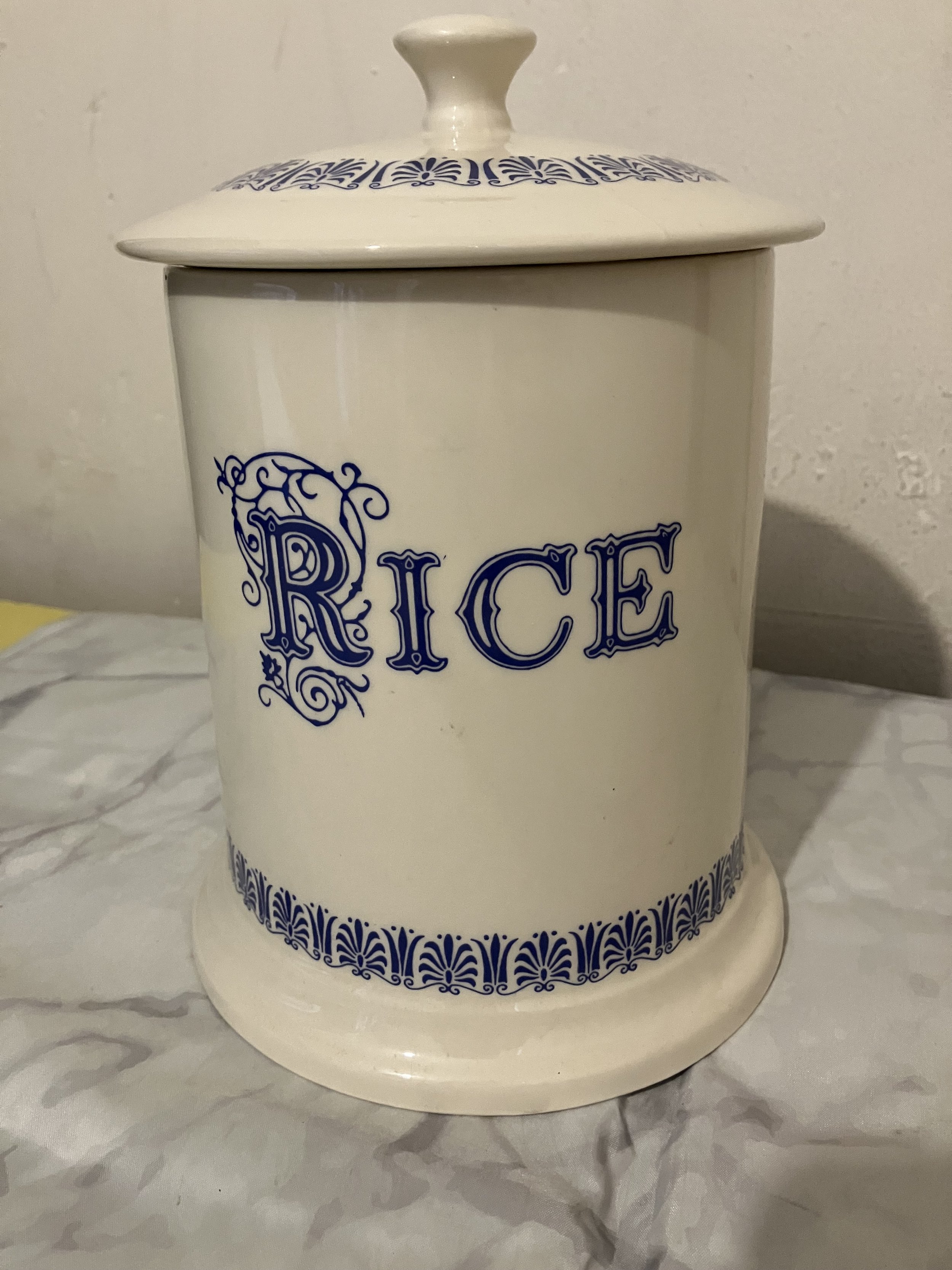Large 1930's Cream and Blue Earthenware Rice Cannister by Ditto