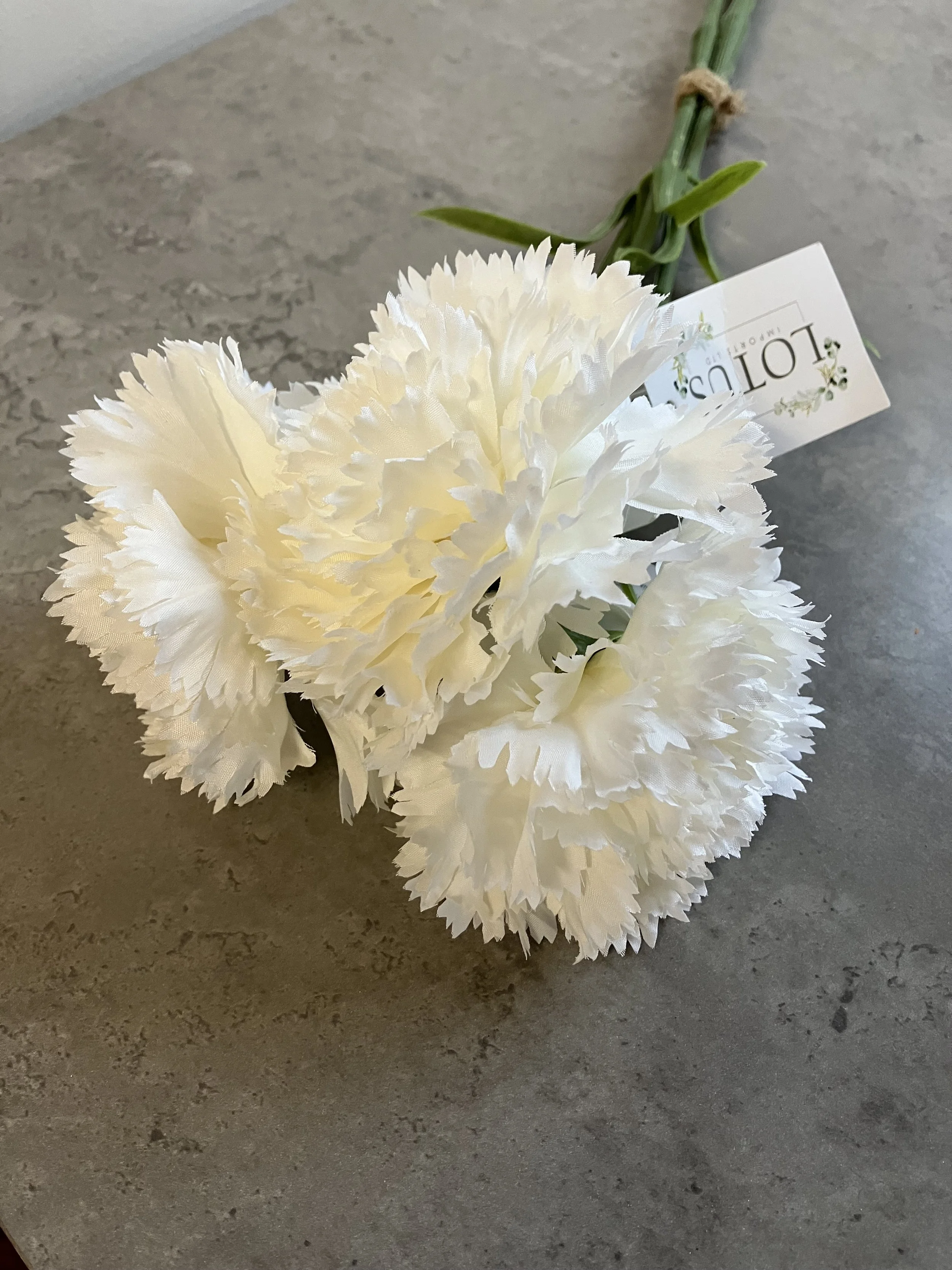Set of Three Artificial Silk White Ruffled Carnation Stems