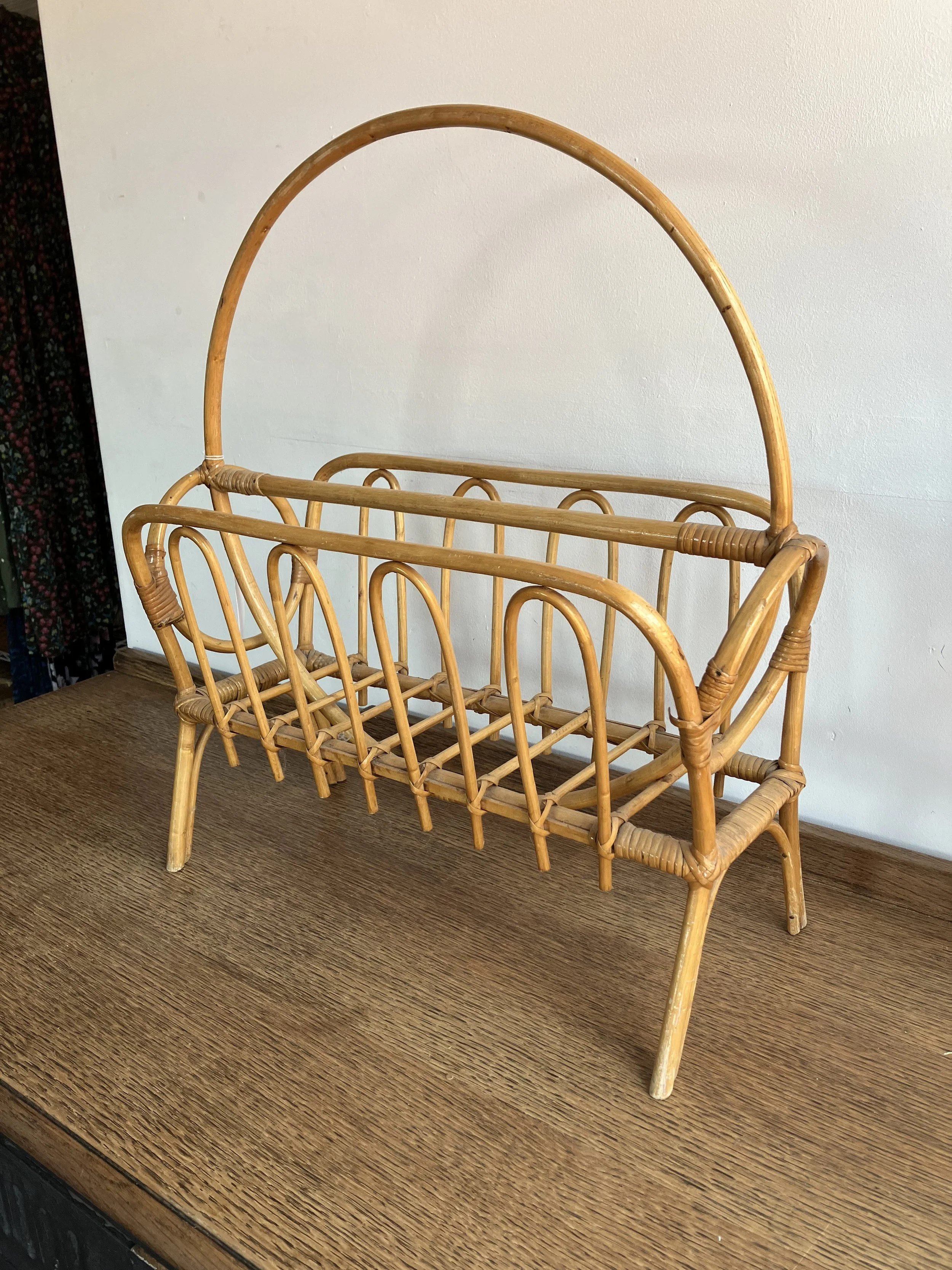Vintage Freestanding Magazine Rack with Two Compartments and Handle