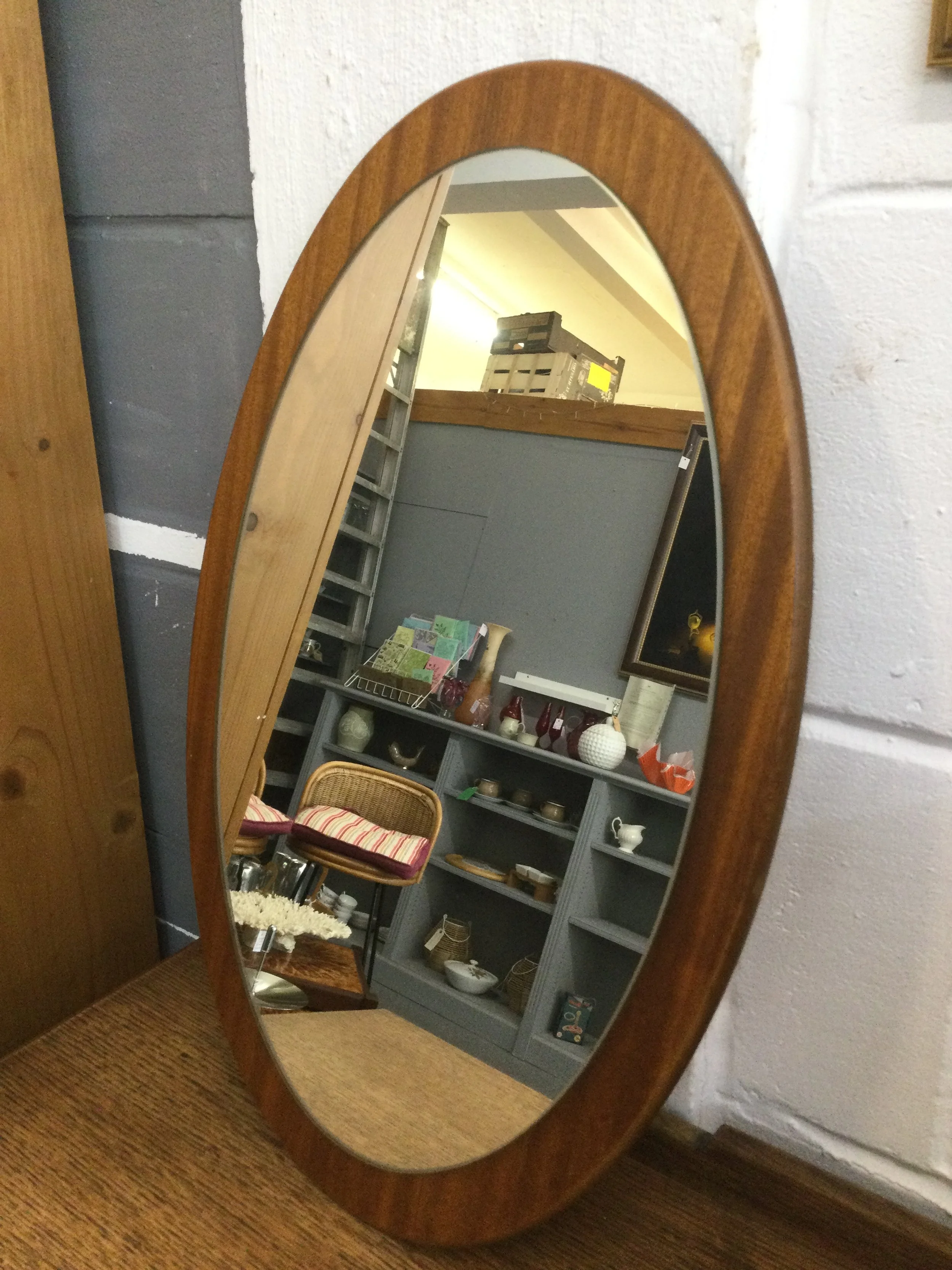 Mid Century Oval Teak Wall Mounted Mirror