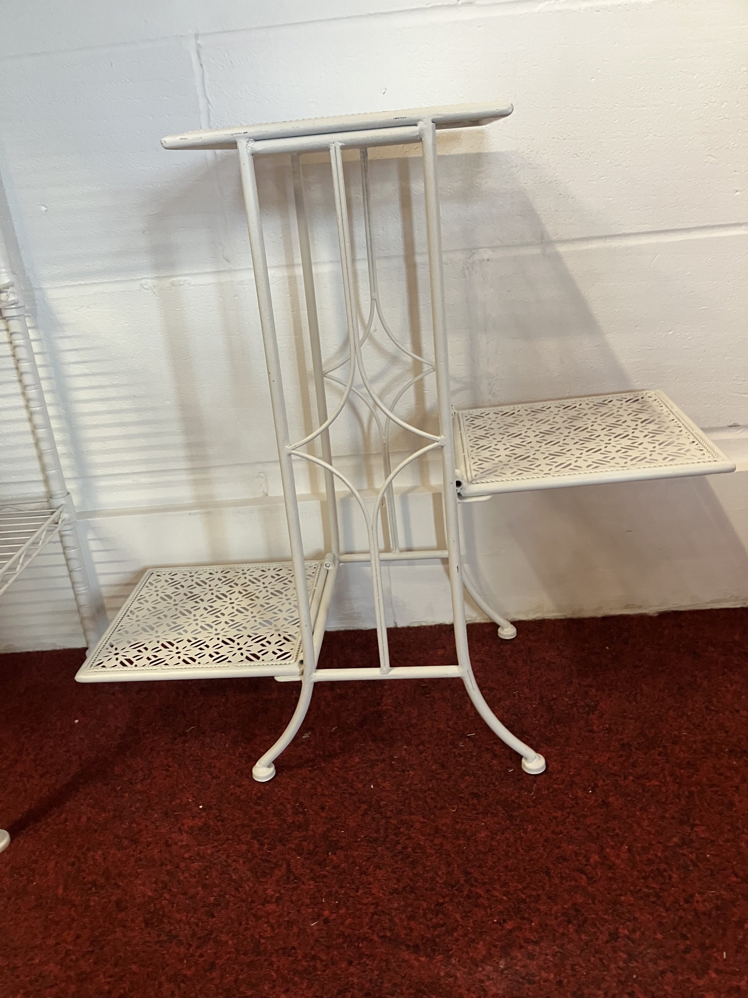 White Metal Freestanding Three Tier Plant Stand with Flower Pattern