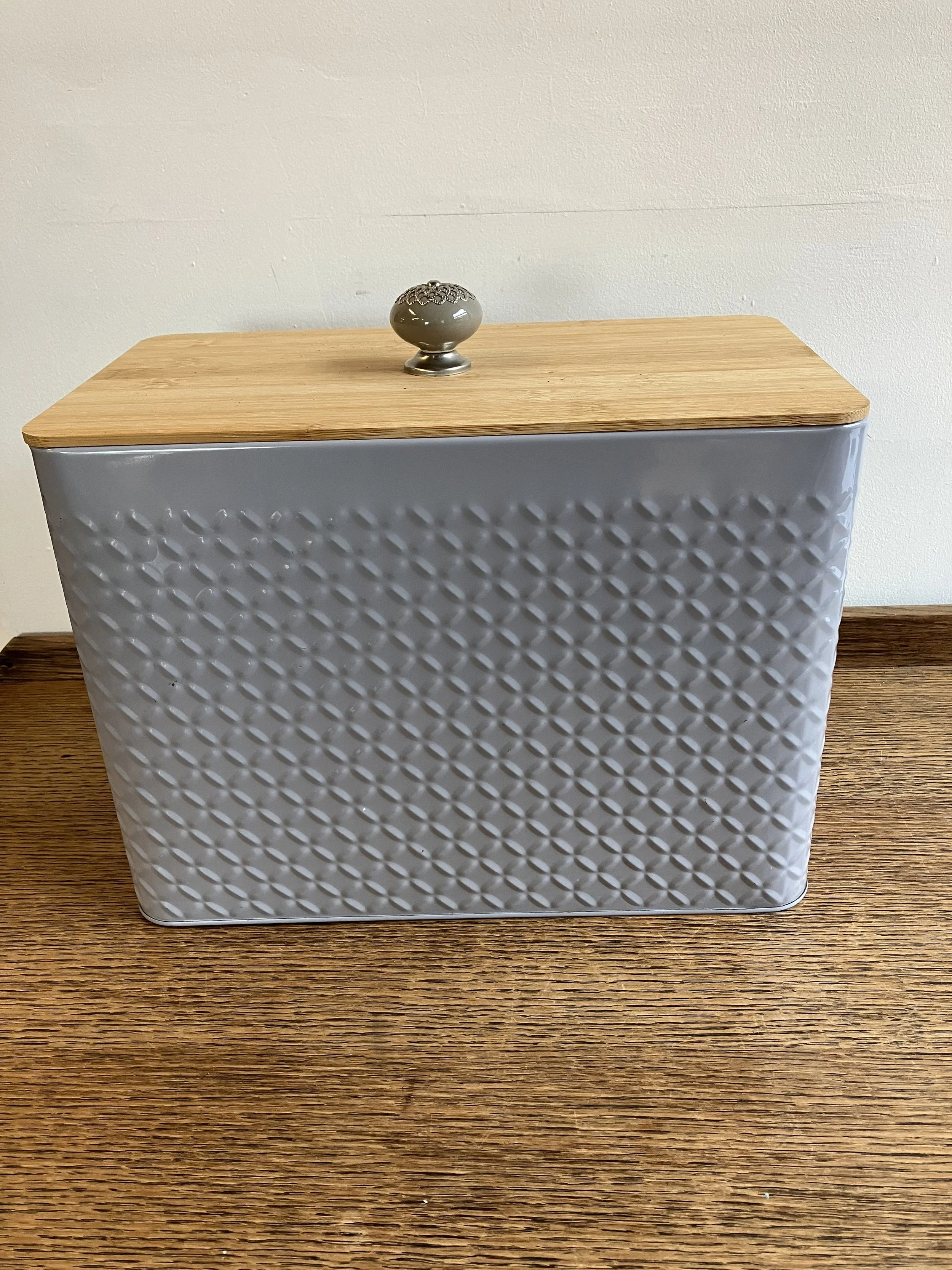 Grey Metal Rectangle Bread Bin with Wooden Lid