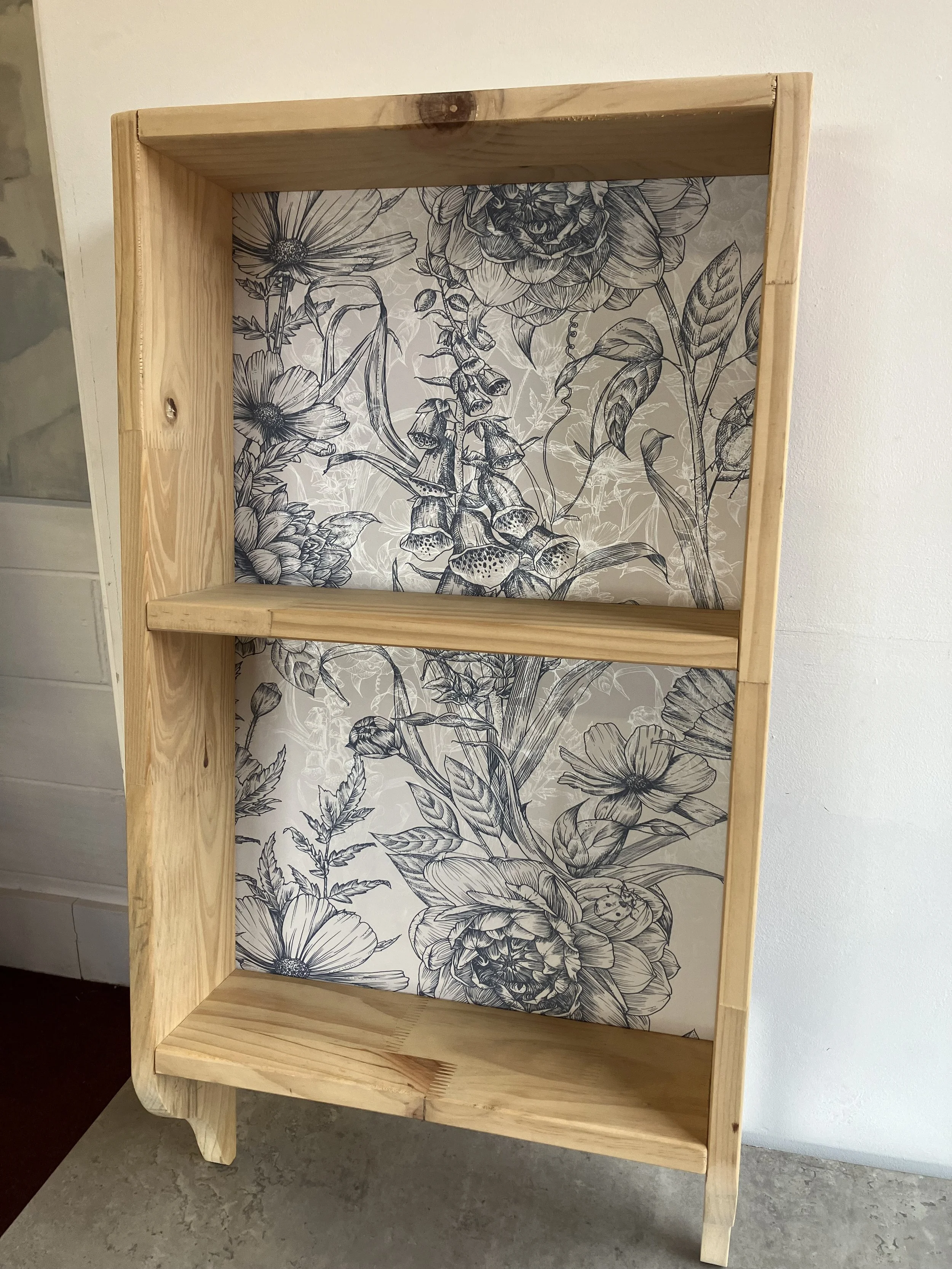 Pine Wall Mounted Shelf with Blue Floral Back