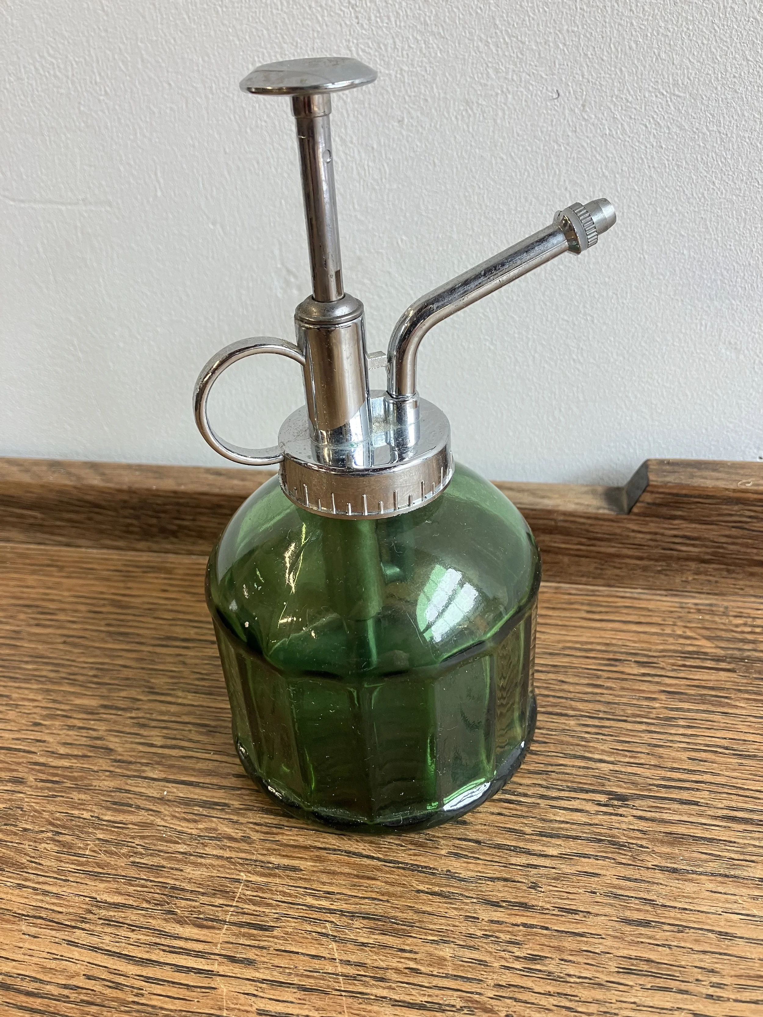 Small Green Glass and Silver Coloured Metal Indoor Plant Sprayer