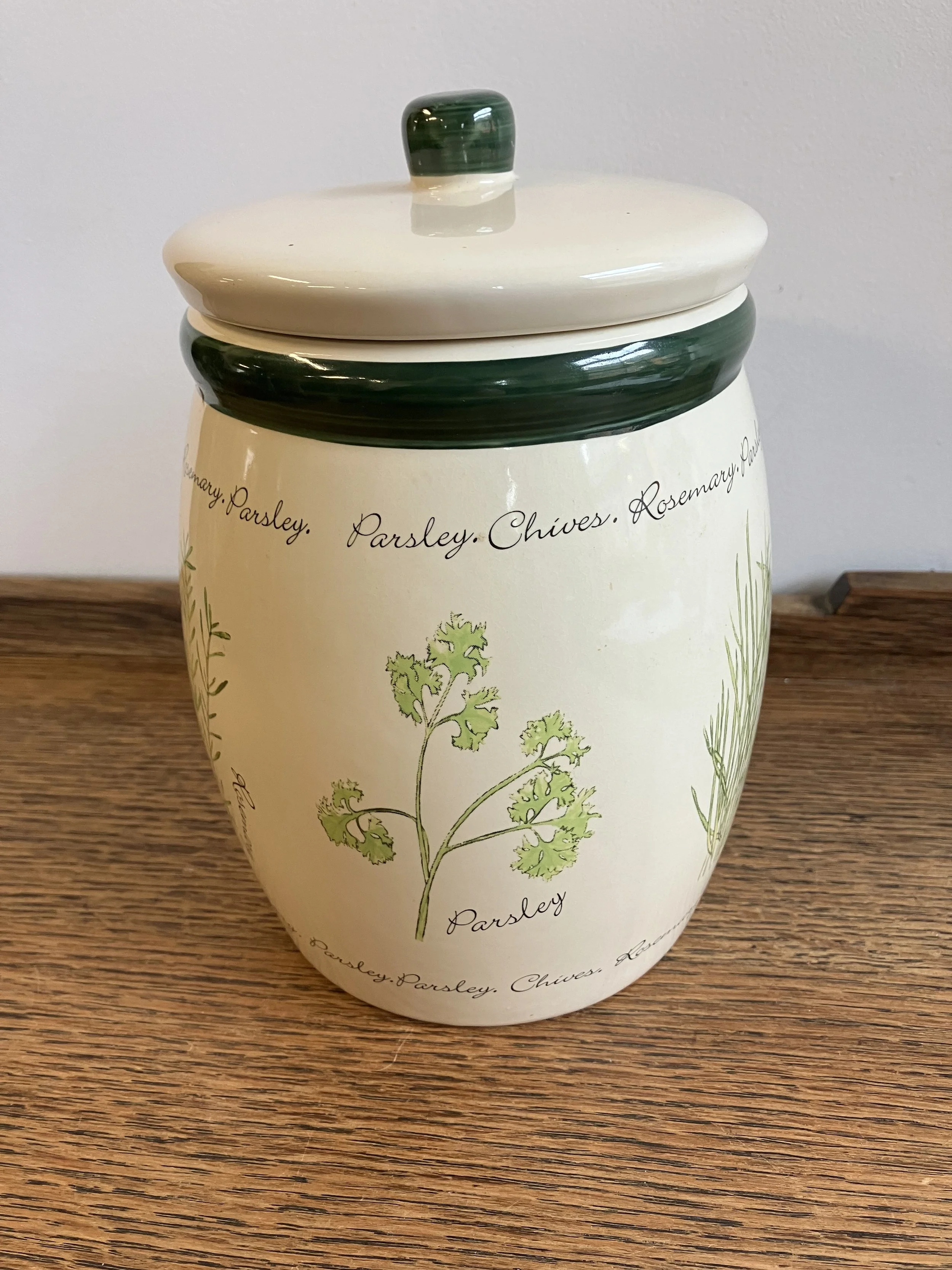 Large Cream Ceramic Storage Cannister with Herbs Pattern