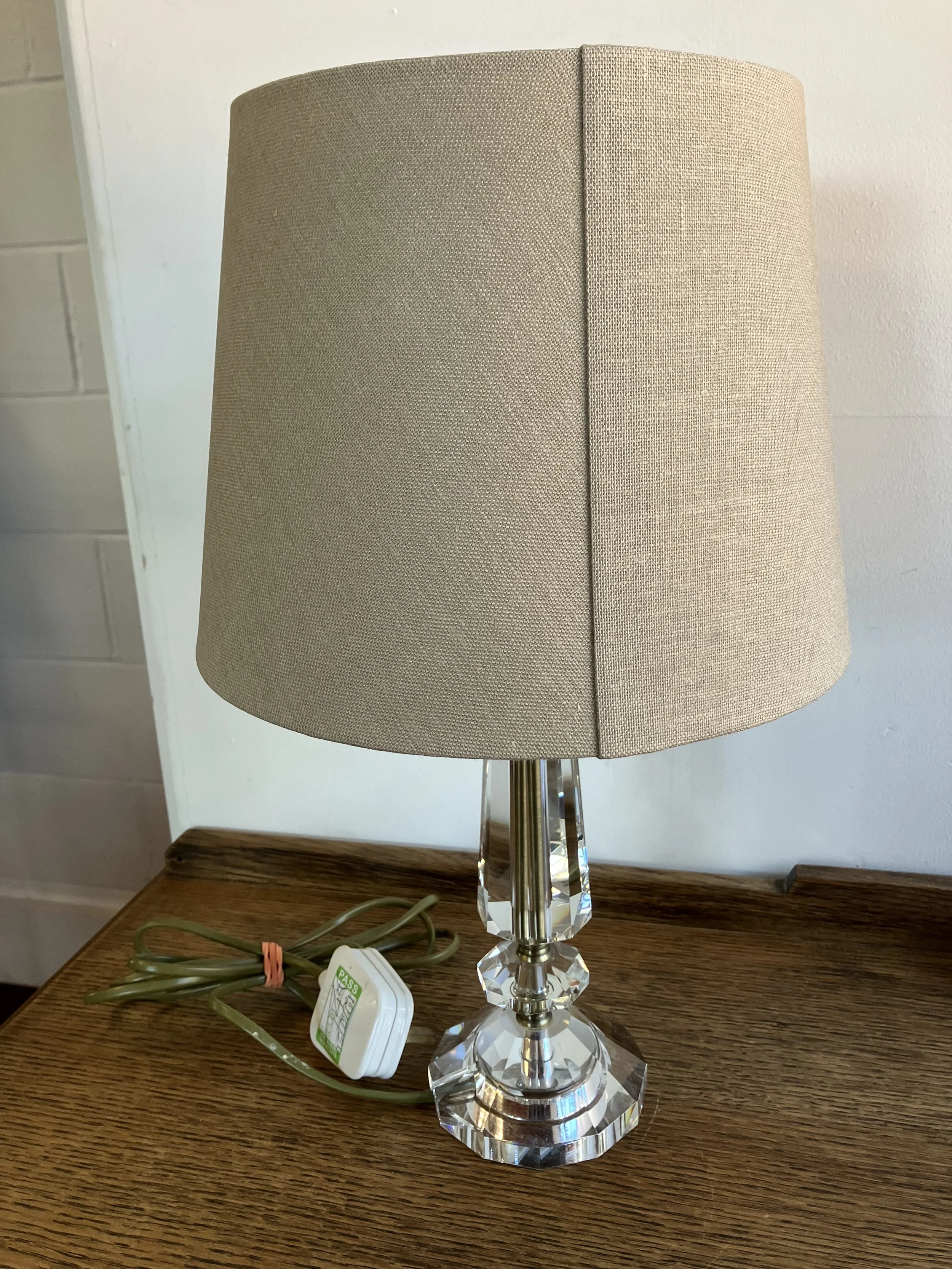 Clear Glass Table Lamp with Round Beige Shade