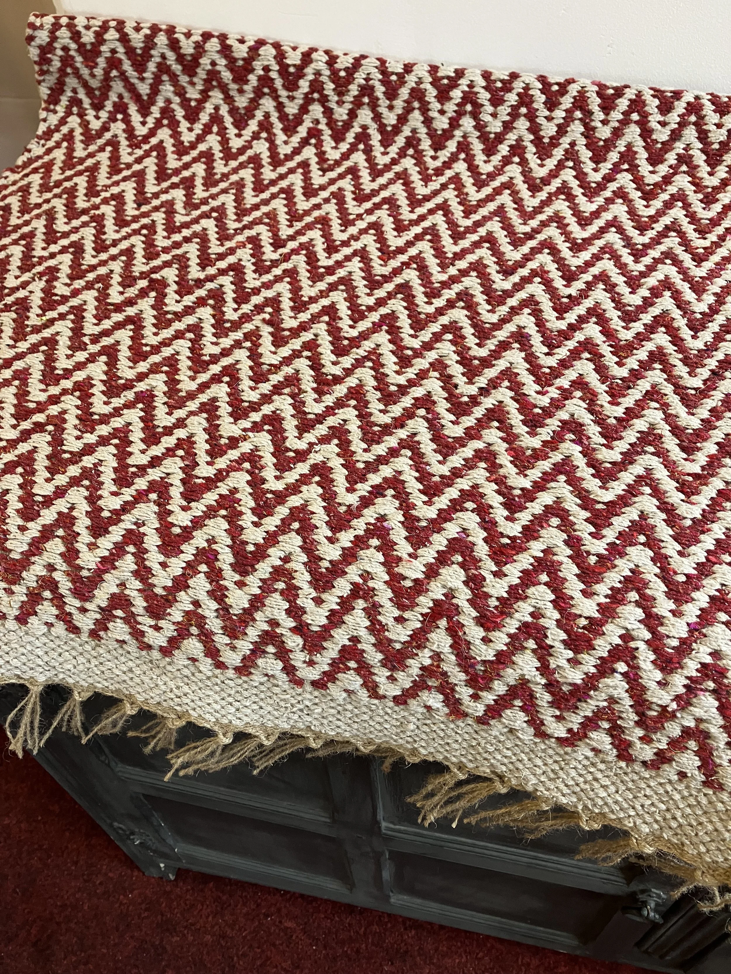 Red and White Zig Zag Patterned Cotton and Jute Rug